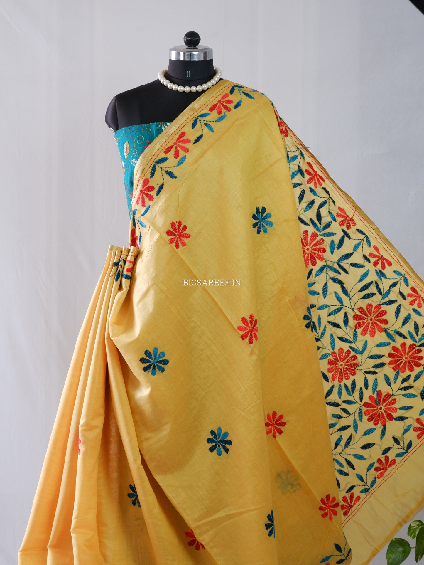 Kantha Stitch Semi Tussar with Blouse | Hand-Embroidered | Yellow