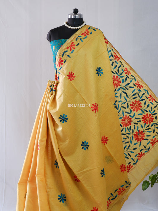 Kantha Stitch Semi Tussar with Blouse | Hand-Embroidered | Yellow