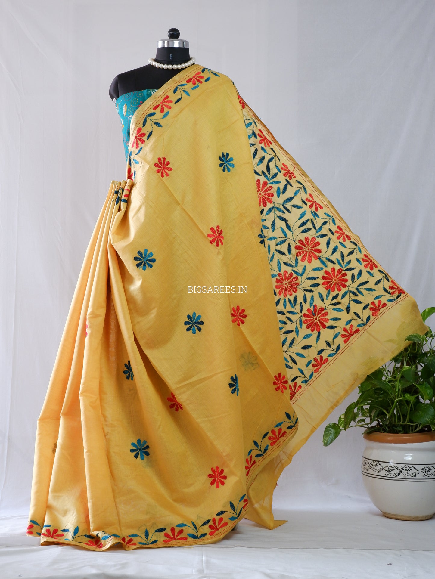 Kantha Stitch Semi Tussar with Blouse | Hand-Embroidered | Yellow