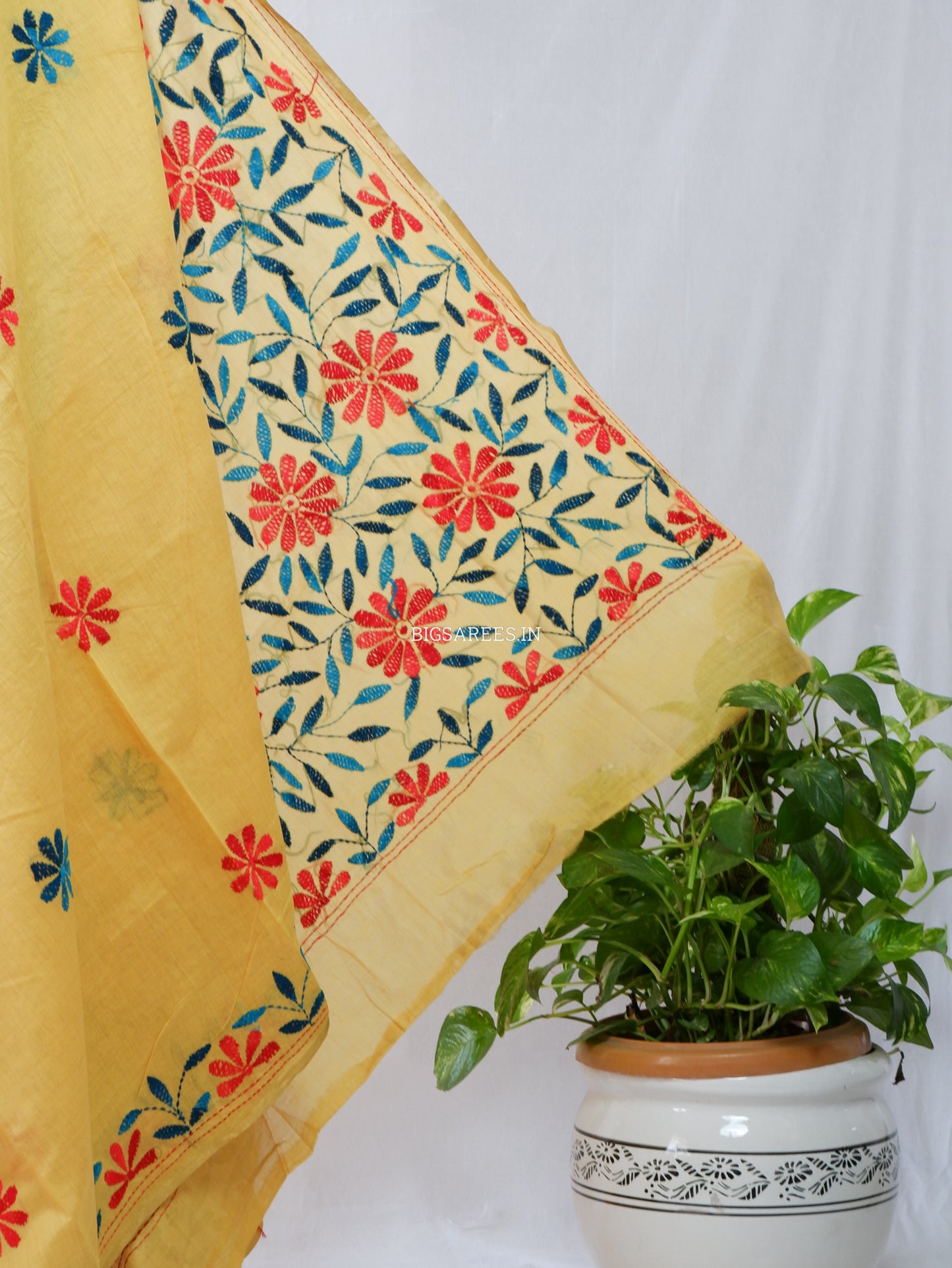 Kantha Stitch Semi Tussar with Blouse | Hand-Embroidered | Yellow