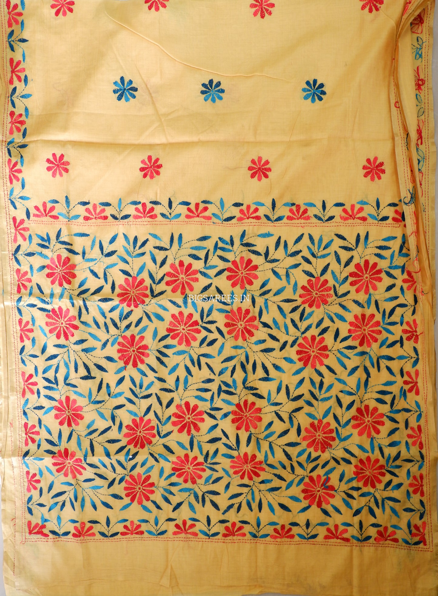 Kantha Stitch Semi Tussar with Blouse | Hand-Embroidered | Yellow