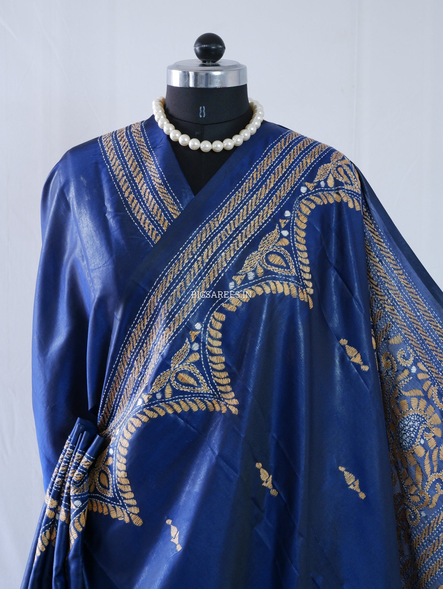 Kantha - Stitch Hand Embroidered Saree | Blended Bangalore Silk / Art Silk | Navy Blue