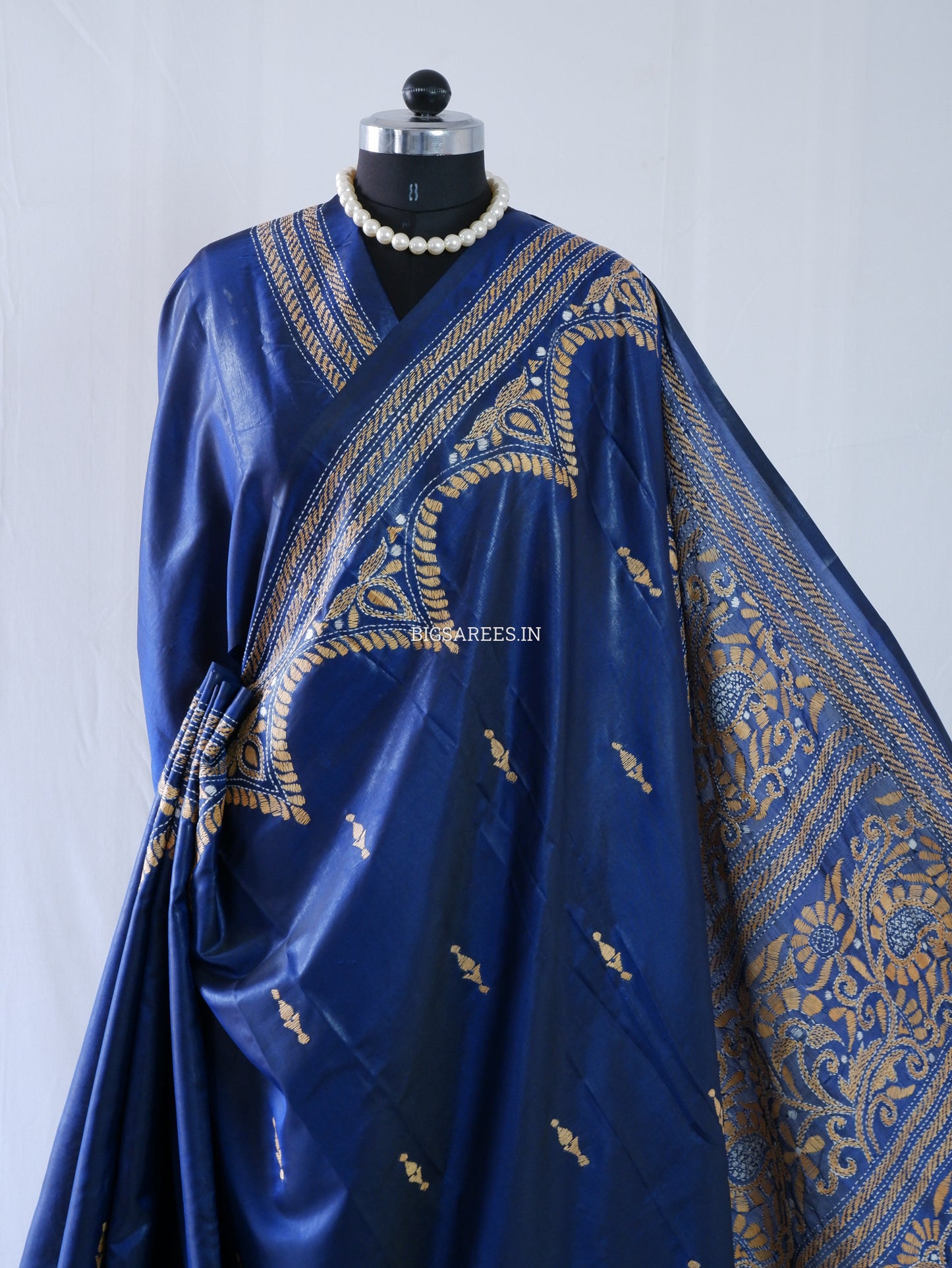 Kantha - Stitch Hand Embroidered Saree | Blended Bangalore Silk / Art Silk | Navy Blue