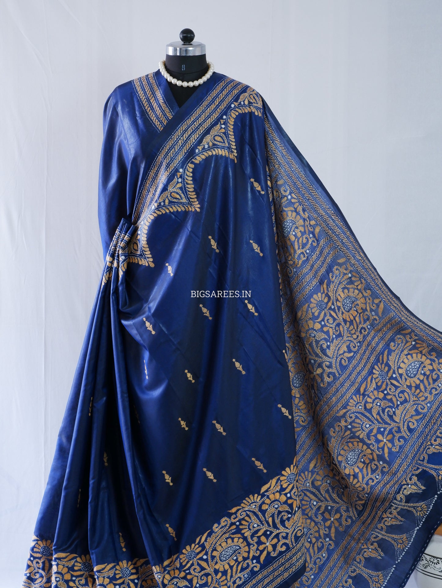 Kantha - Stitch Hand Embroidered Saree | Blended Bangalore Silk / Art Silk | Navy Blue