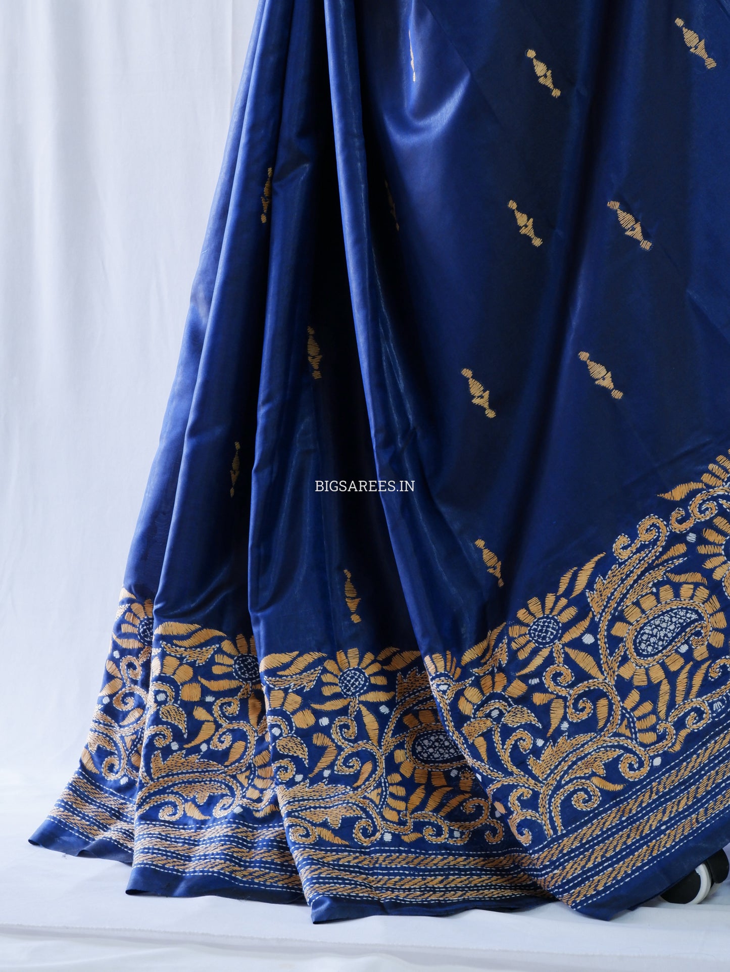 Kantha - Stitch Hand Embroidered Saree | Blended Bangalore Silk / Art Silk | Navy Blue
