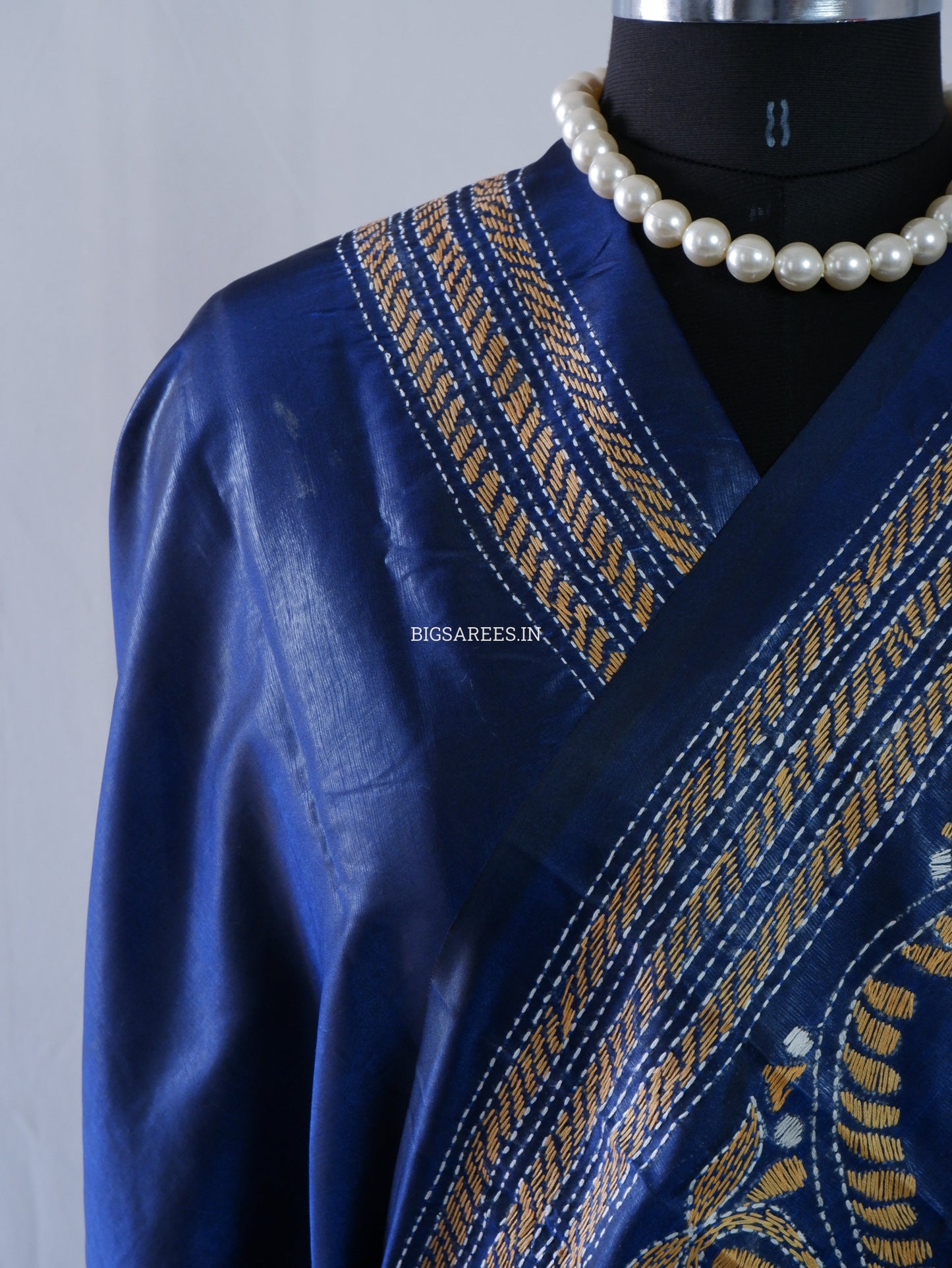 Kantha - Stitch Hand Embroidered Saree | Blended Bangalore Silk / Art Silk | Navy Blue