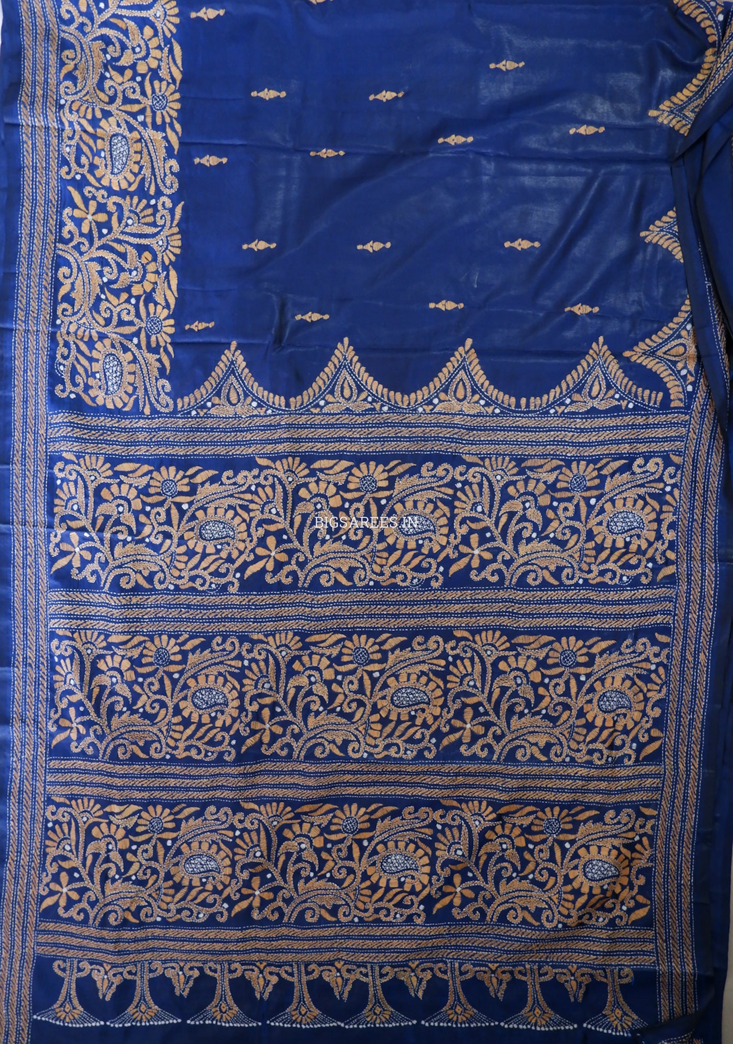 Kantha - Stitch Hand Embroidered Saree | Blended Bangalore Silk / Art Silk | Navy Blue