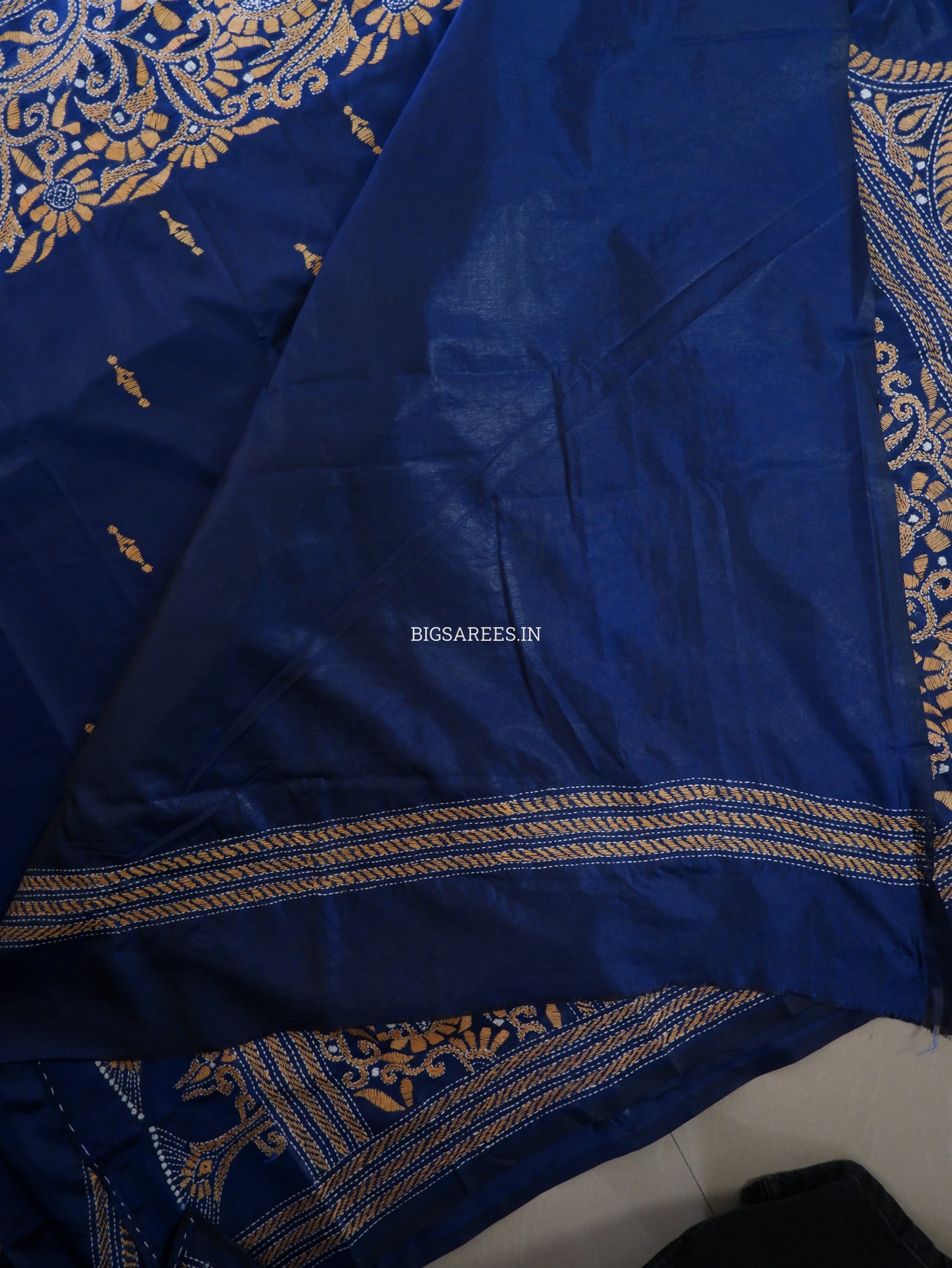 Kantha - Stitch Hand Embroidered Saree | Blended Bangalore Silk / Art Silk | Navy Blue