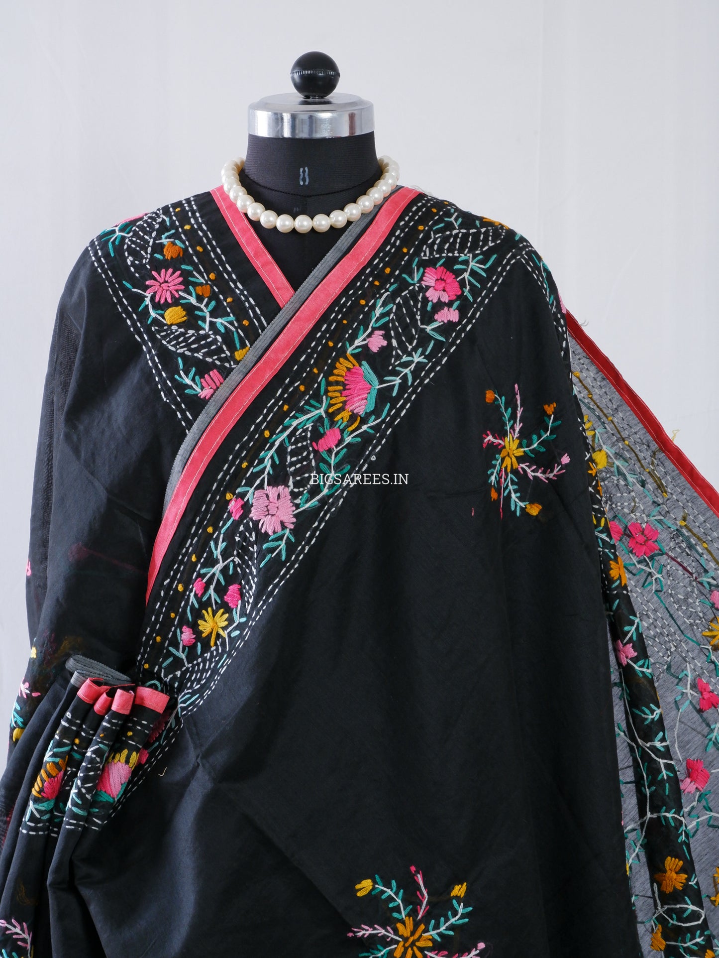 Phulkari Hand-Embroidered Saree | Chanderi Silk | Black