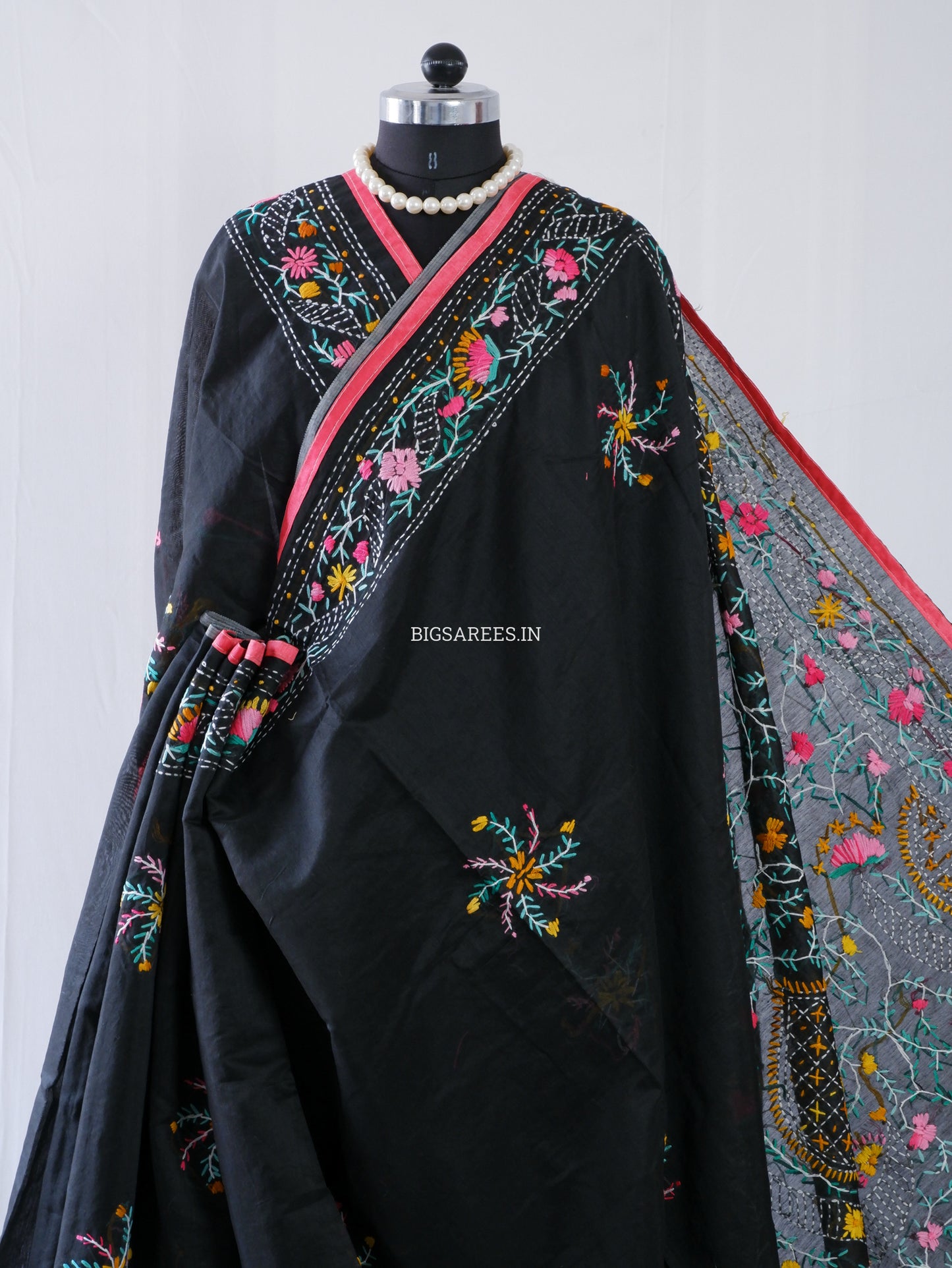 Phulkari Hand-Embroidered Saree | Chanderi Silk | Black