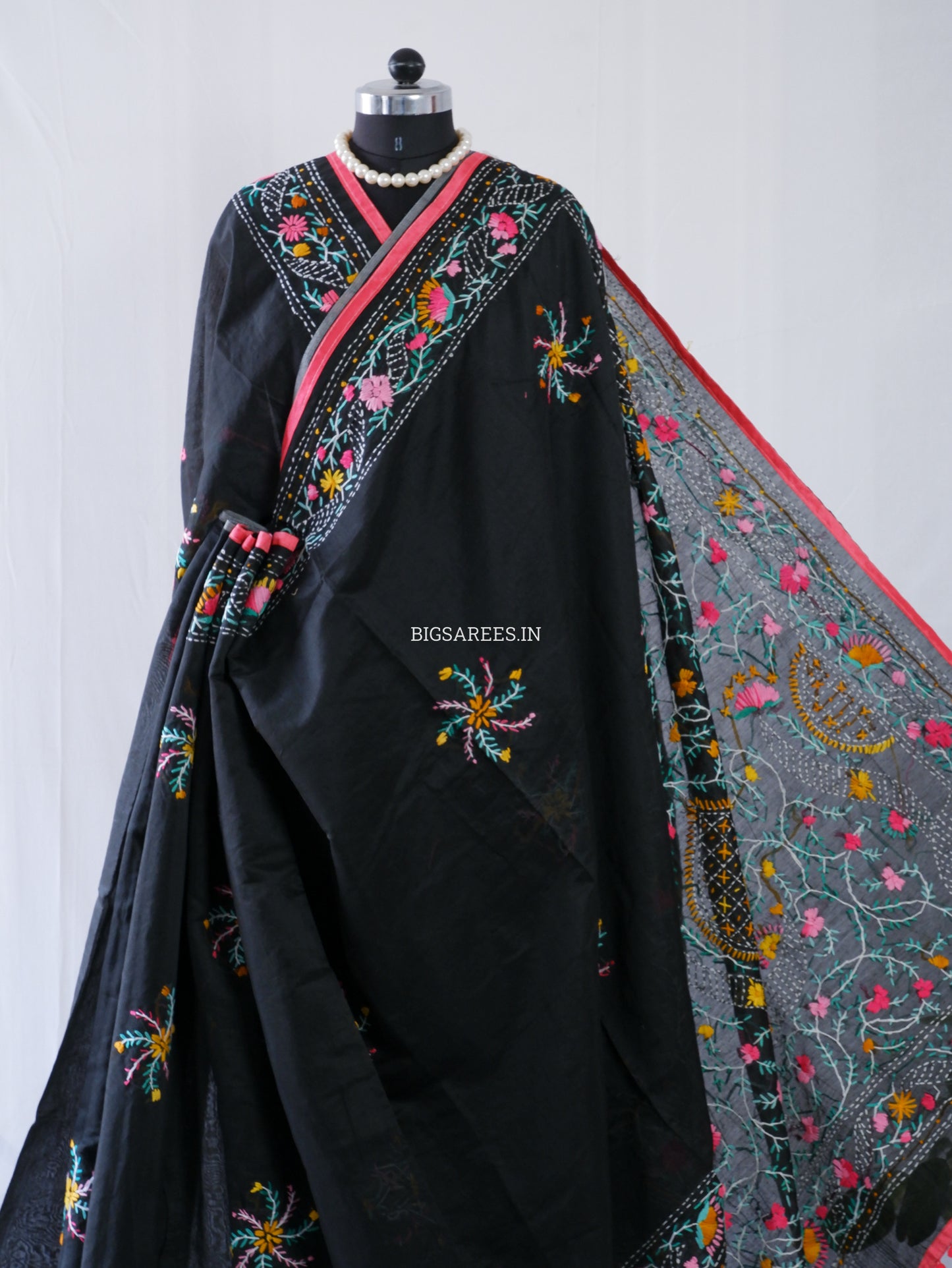 Phulkari Hand-Embroidered Saree | Chanderi Silk | Black