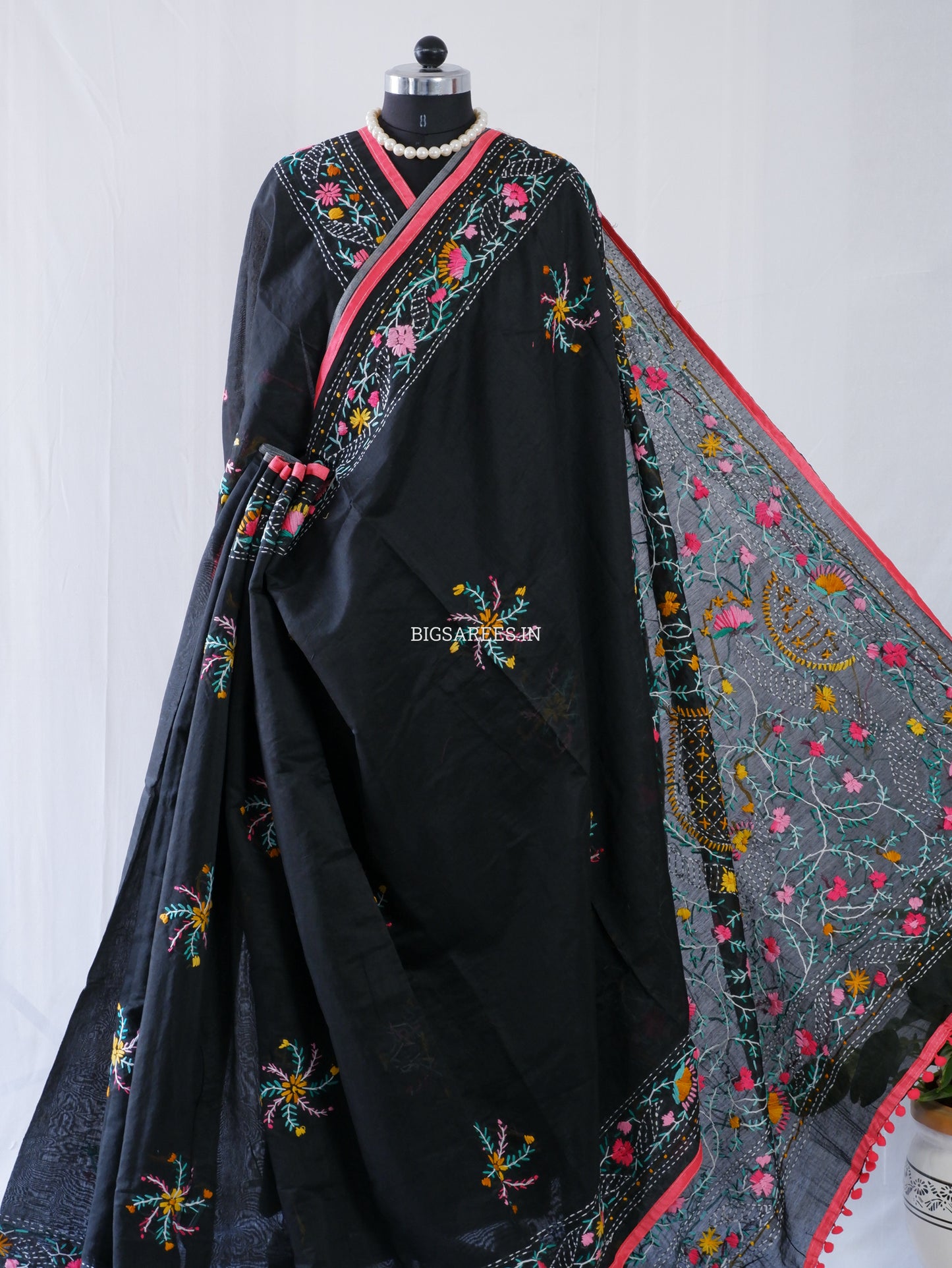 Phulkari Hand-Embroidered Saree | Chanderi Silk | Black