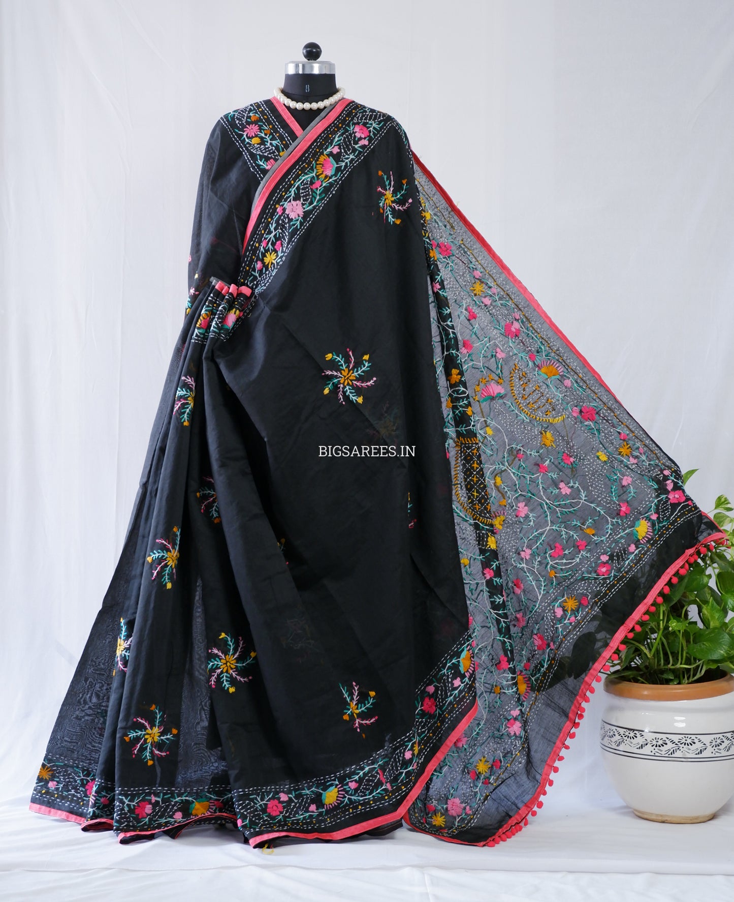 Phulkari Hand-Embroidered Saree | Chanderi Silk | Black