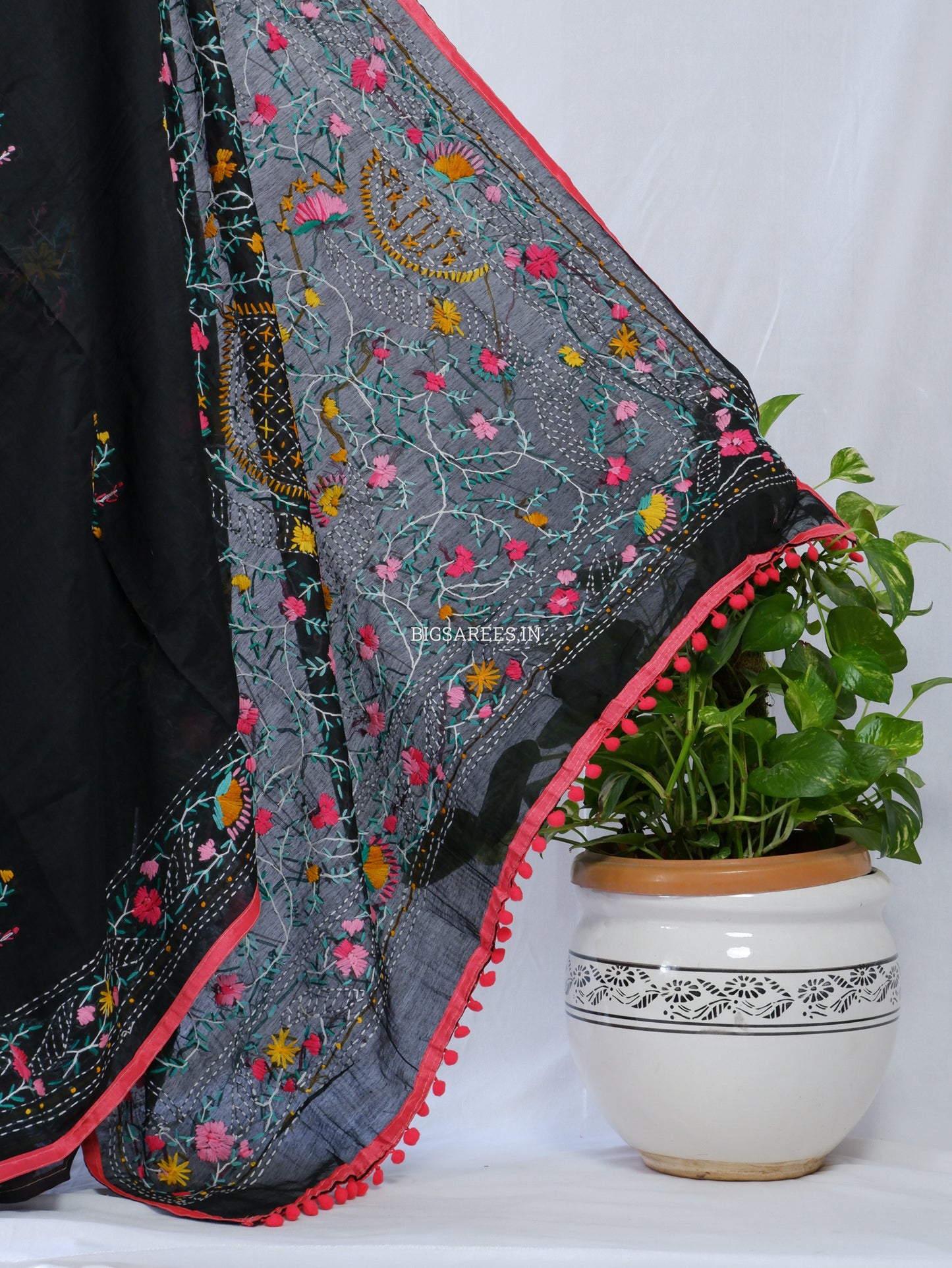 Phulkari Hand-Embroidered Saree | Chanderi Silk | Black
