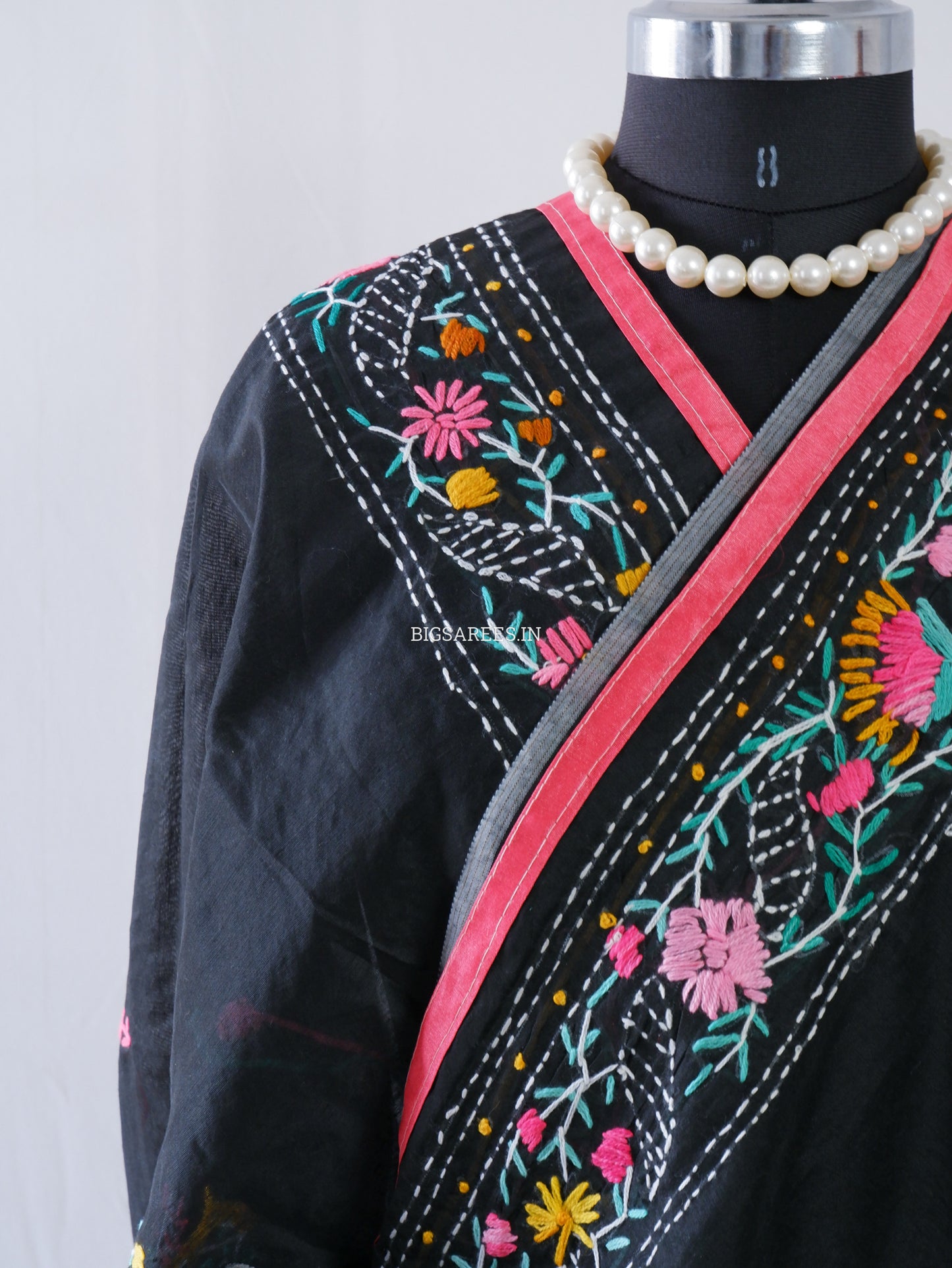 Phulkari Hand-Embroidered Saree | Chanderi Silk | Black