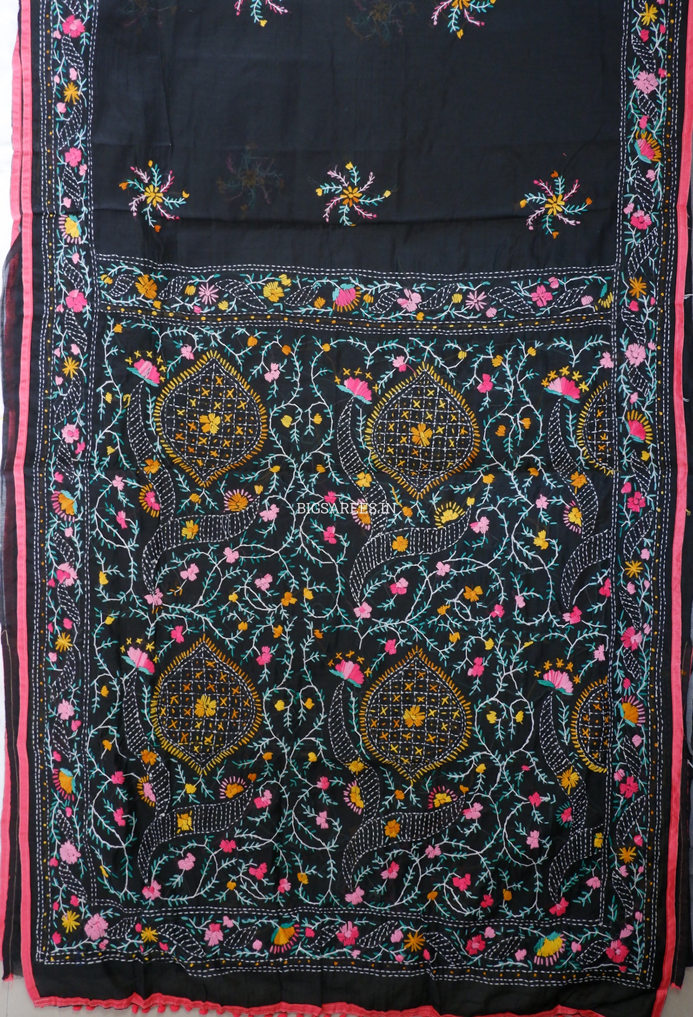 Phulkari Hand-Embroidered Saree | Chanderi Silk | Black
