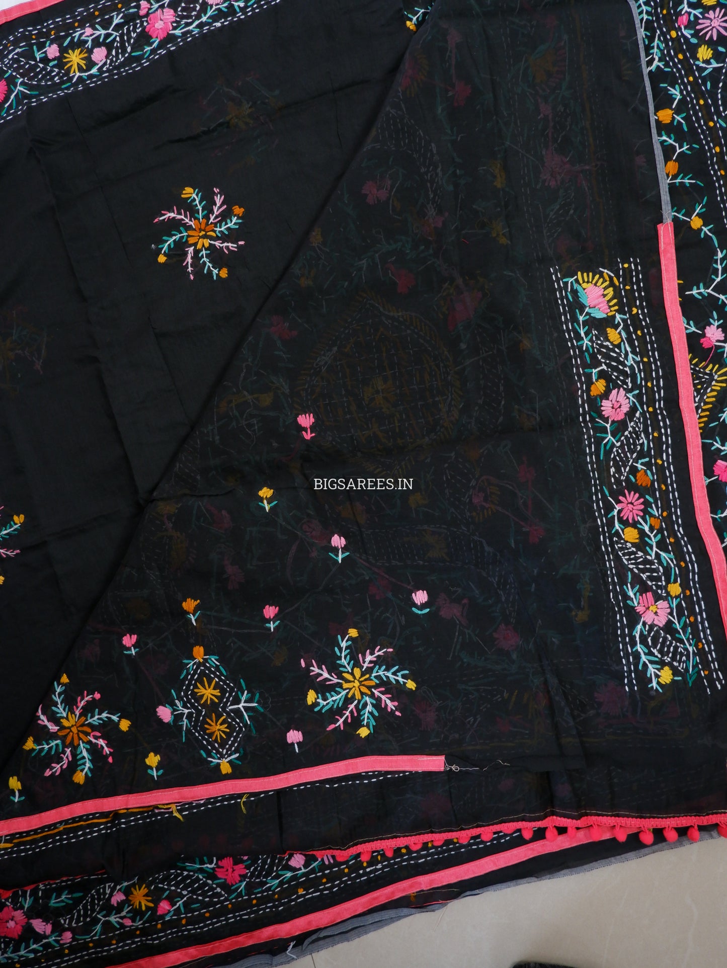 Phulkari Hand-Embroidered Saree | Chanderi Silk | Black