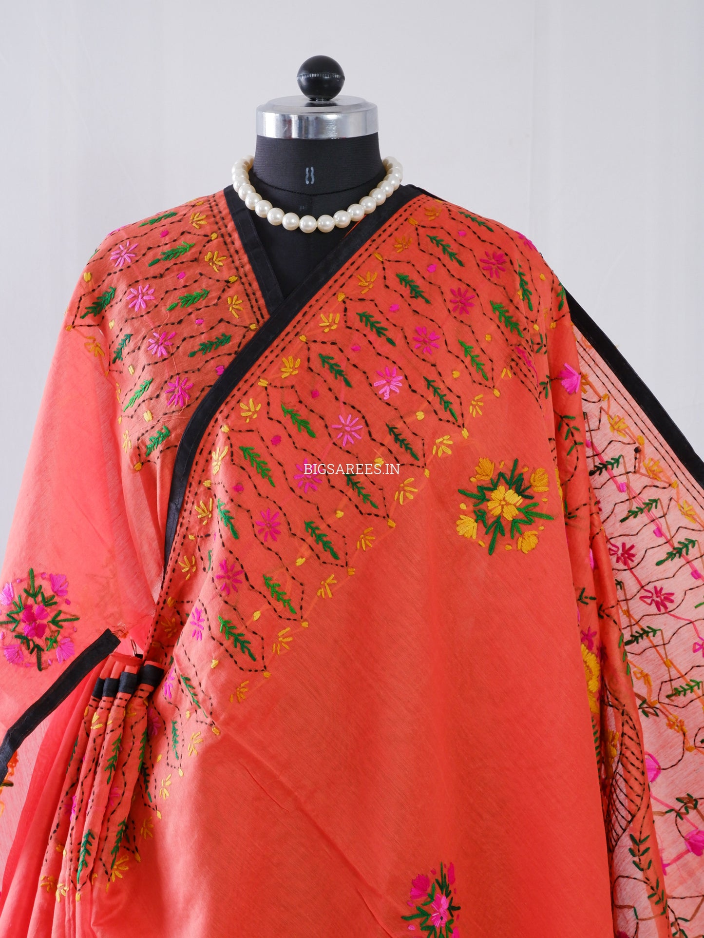 Phulkari Hand-Embroidered Saree | Chanderi Silk | Neon Orange