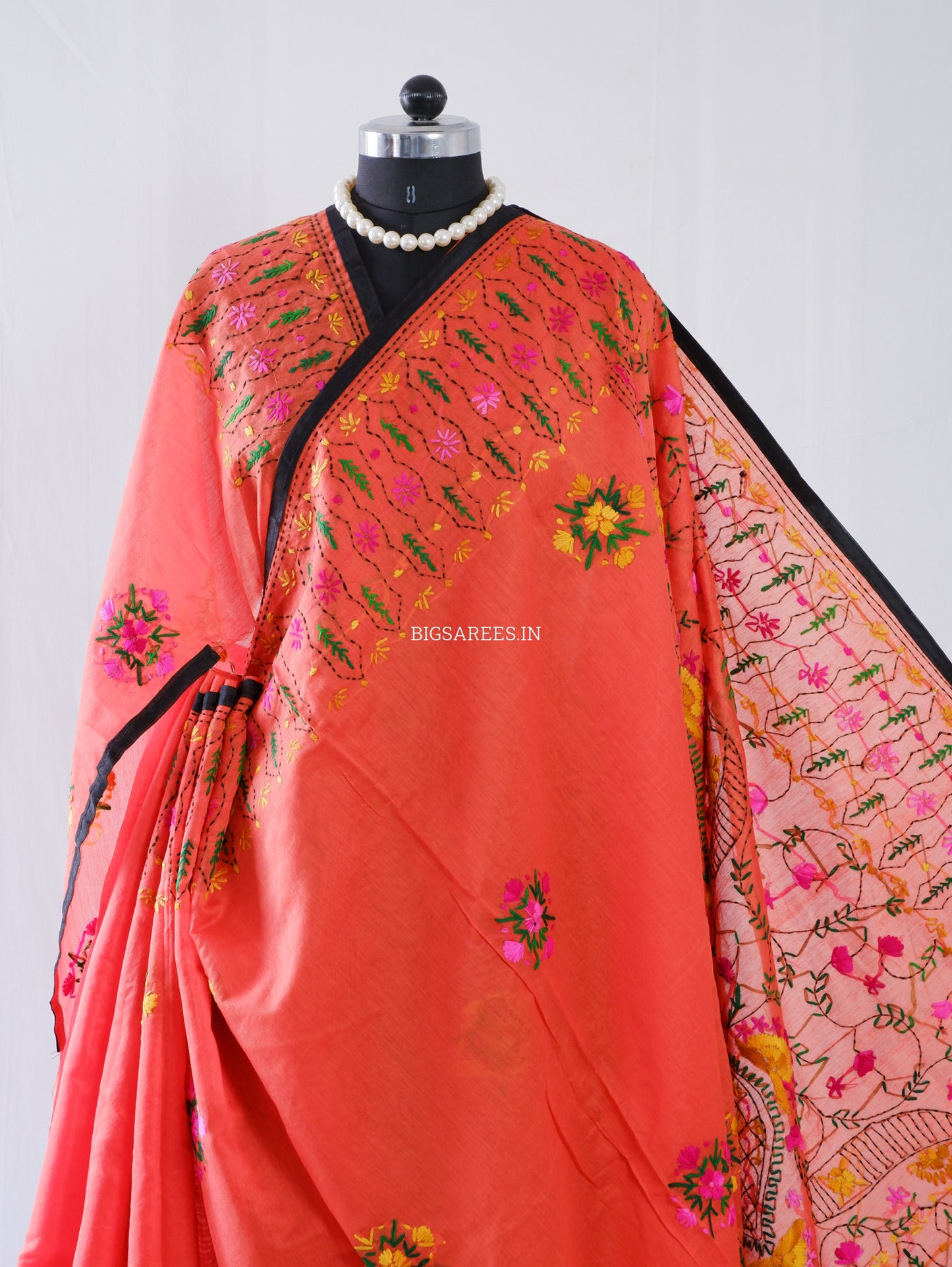 Phulkari Hand-Embroidered Saree | Chanderi Silk | Neon Orange