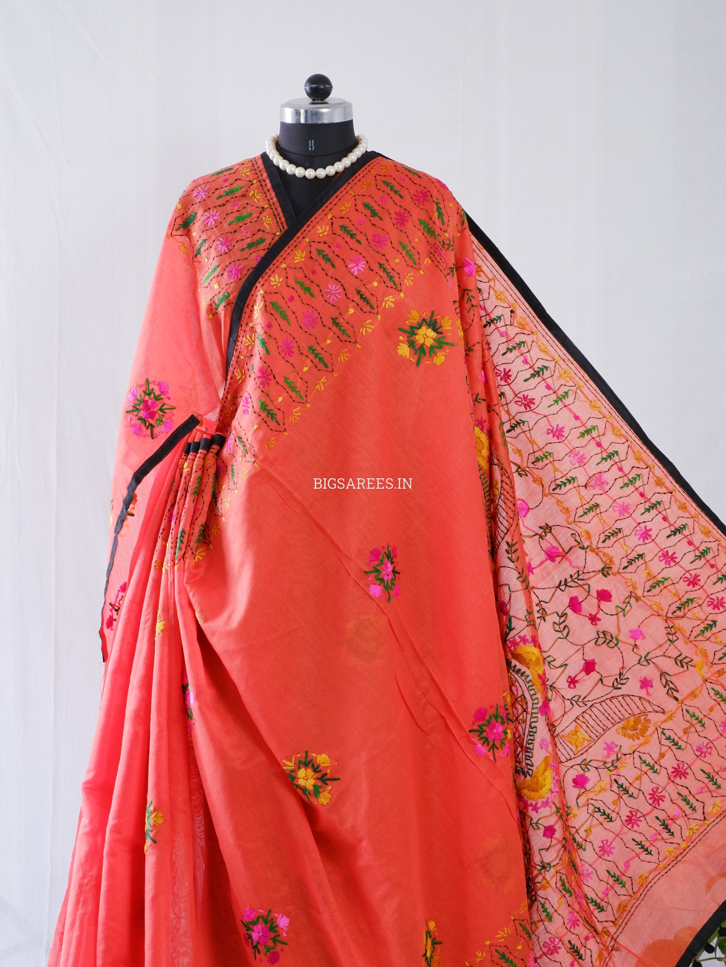 Phulkari Hand-Embroidered Saree | Chanderi Silk | Neon Orange