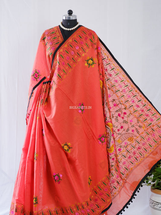 Phulkari Hand-Embroidered Saree | Chanderi Silk | Neon Orange