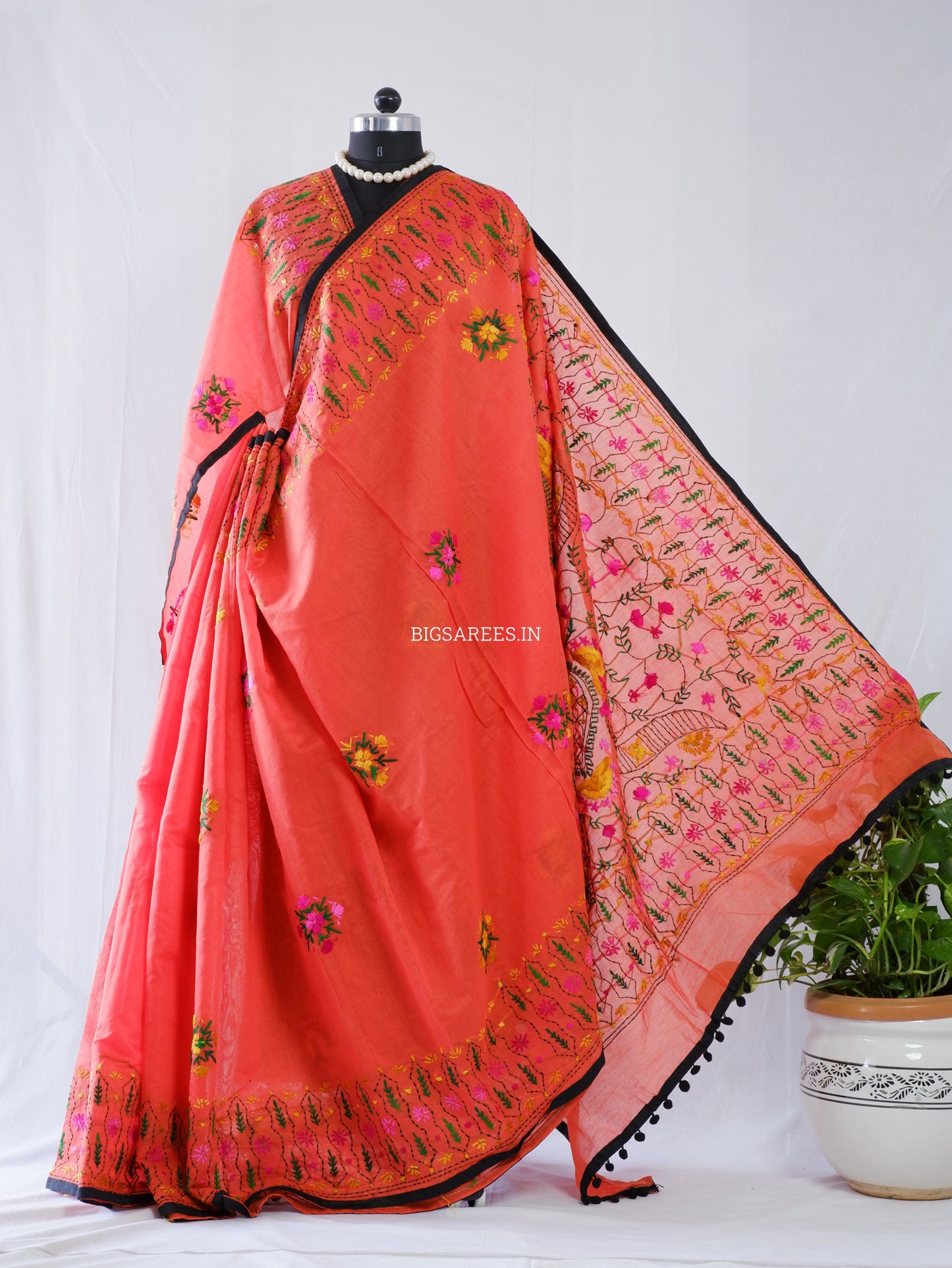 Phulkari Hand-Embroidered Saree | Chanderi Silk | Neon Orange