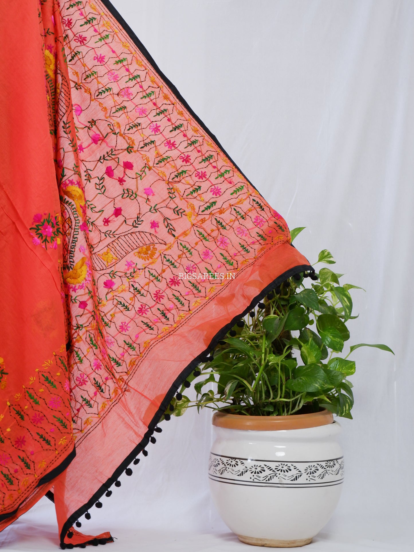 Phulkari Hand-Embroidered Saree | Chanderi Silk | Neon Orange