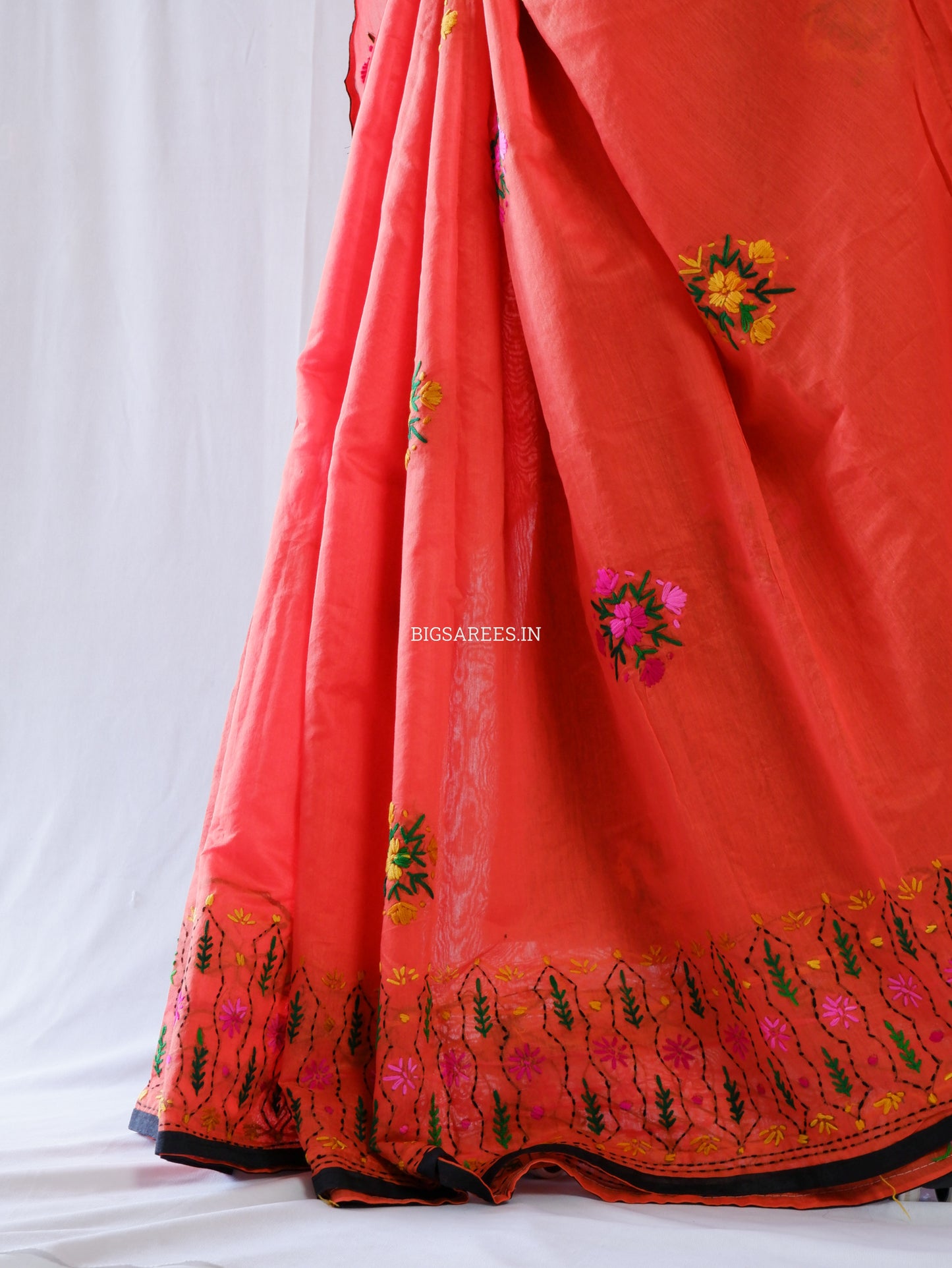 Phulkari Hand-Embroidered Saree | Chanderi Silk | Neon Orange