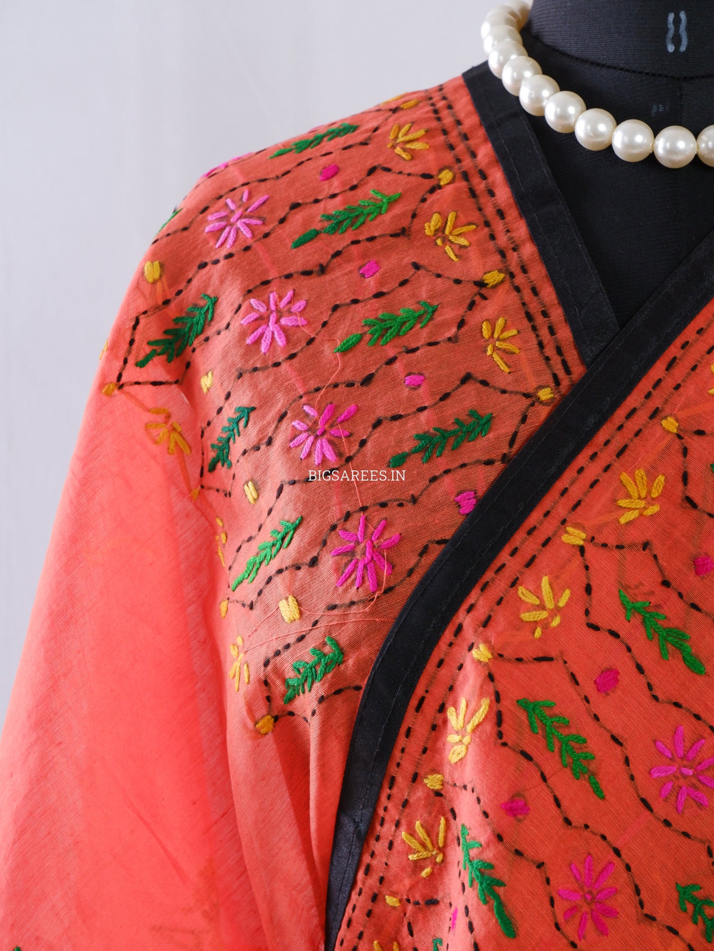 Phulkari Hand-Embroidered Saree | Chanderi Silk | Neon Orange