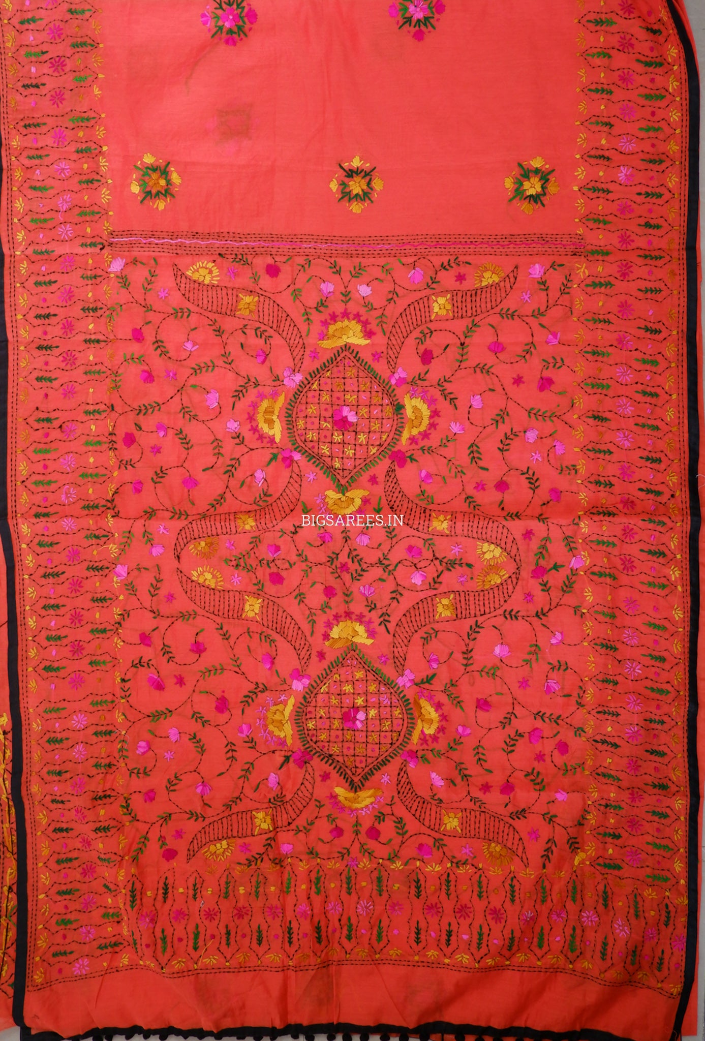 Phulkari Hand-Embroidered Saree | Chanderi Silk | Neon Orange