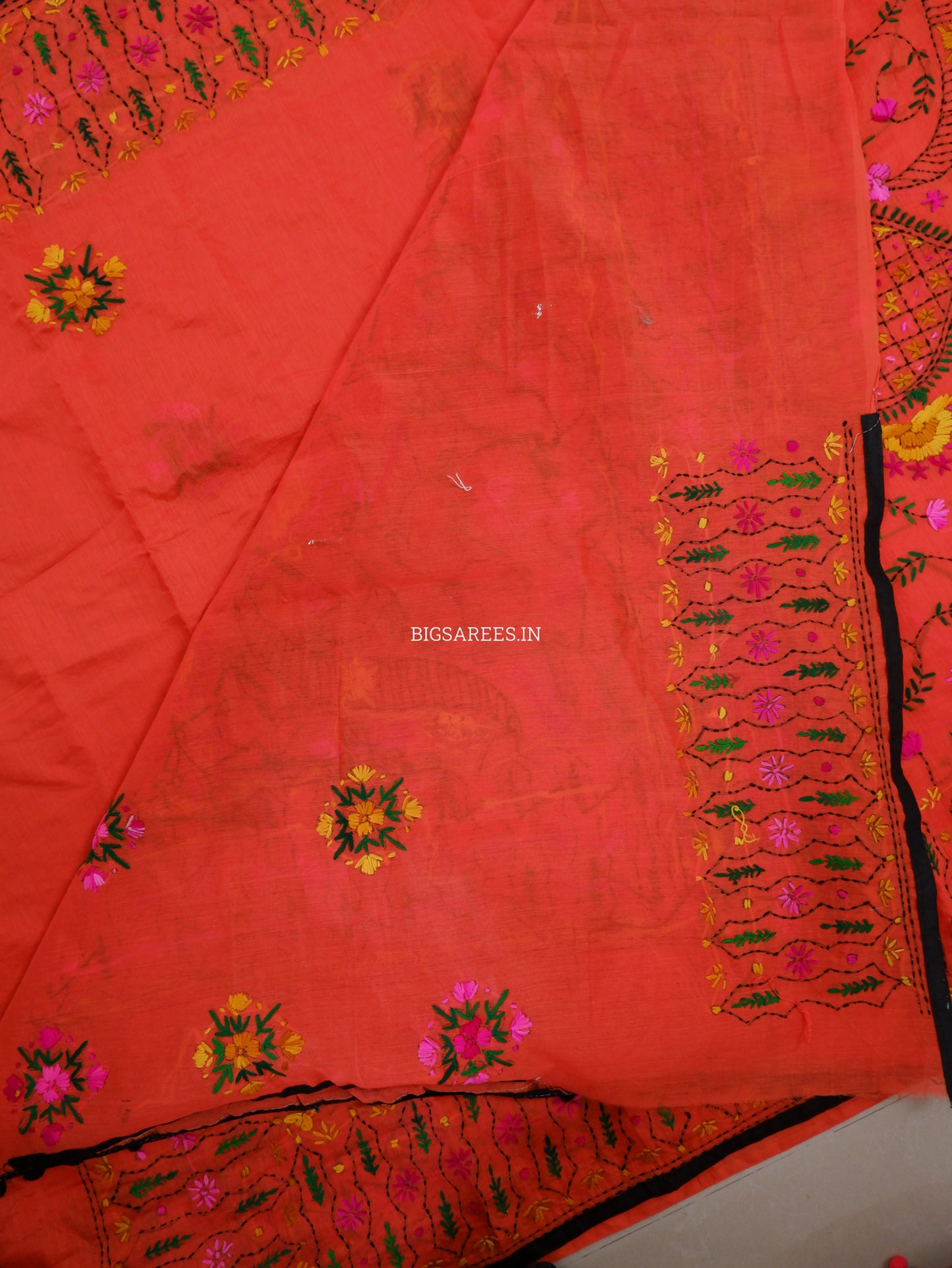 Phulkari Hand-Embroidered Saree | Chanderi Silk | Neon Orange