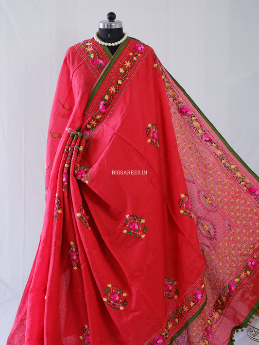 Phulkari Hand-Embroidered Saree | Chanderi Silk | Red
