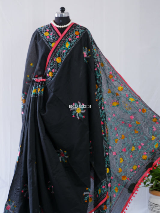 Phulkari Hand-Embroidered Saree | Chanderi Silk | Black