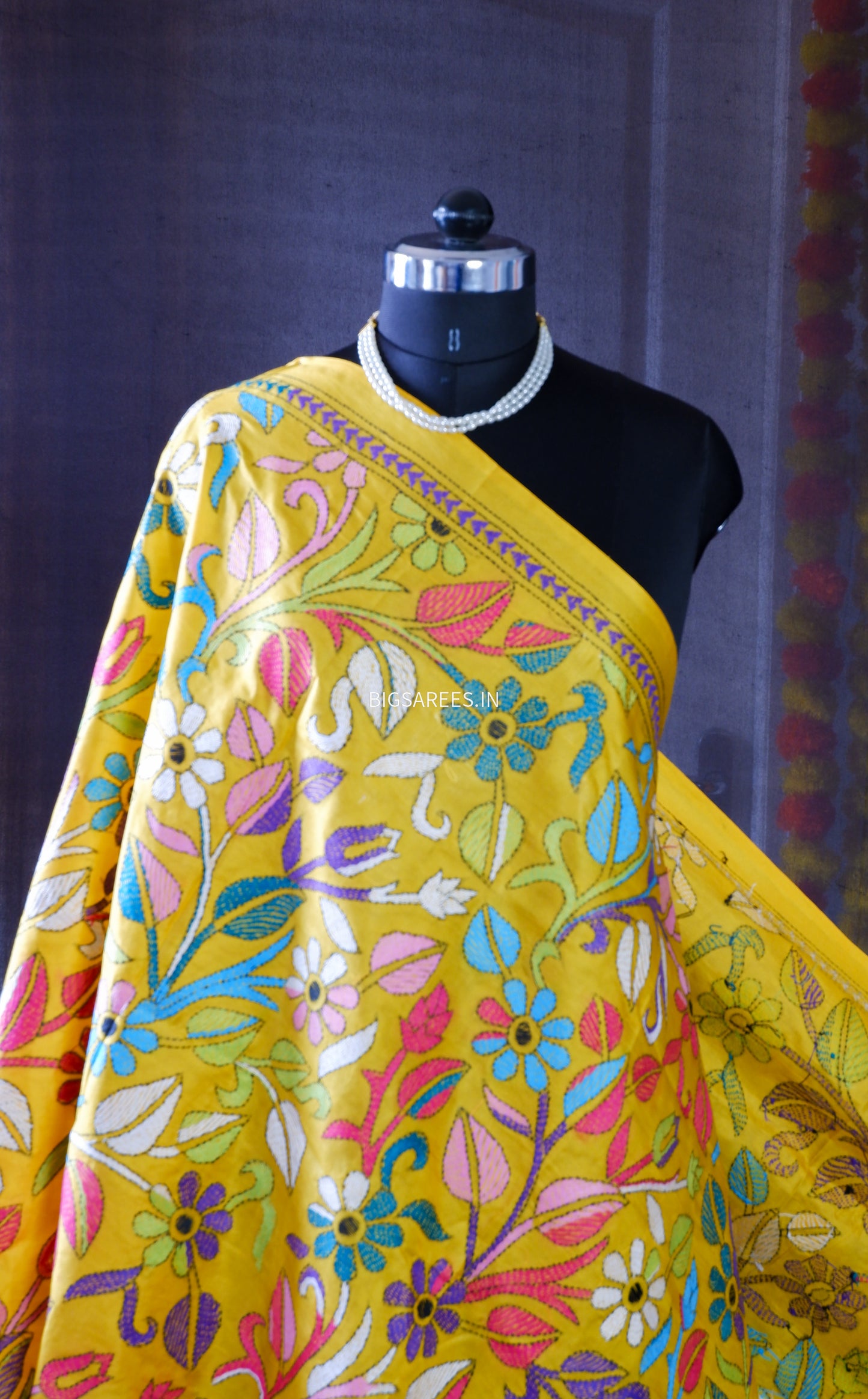Kantha Hand-Embroidered Dupatta in Pure Bangalore Silk | Yellow | 44" | With Silk Mark