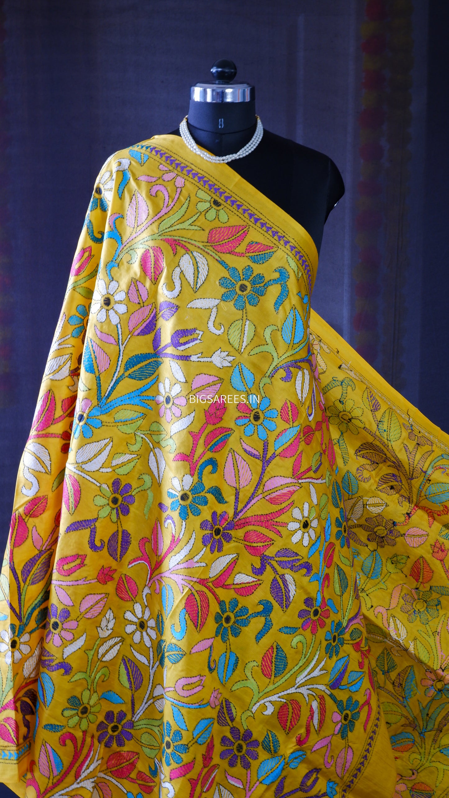 Kantha Hand-Embroidered Dupatta in Pure Bangalore Silk | Yellow | 44" | With Silk Mark