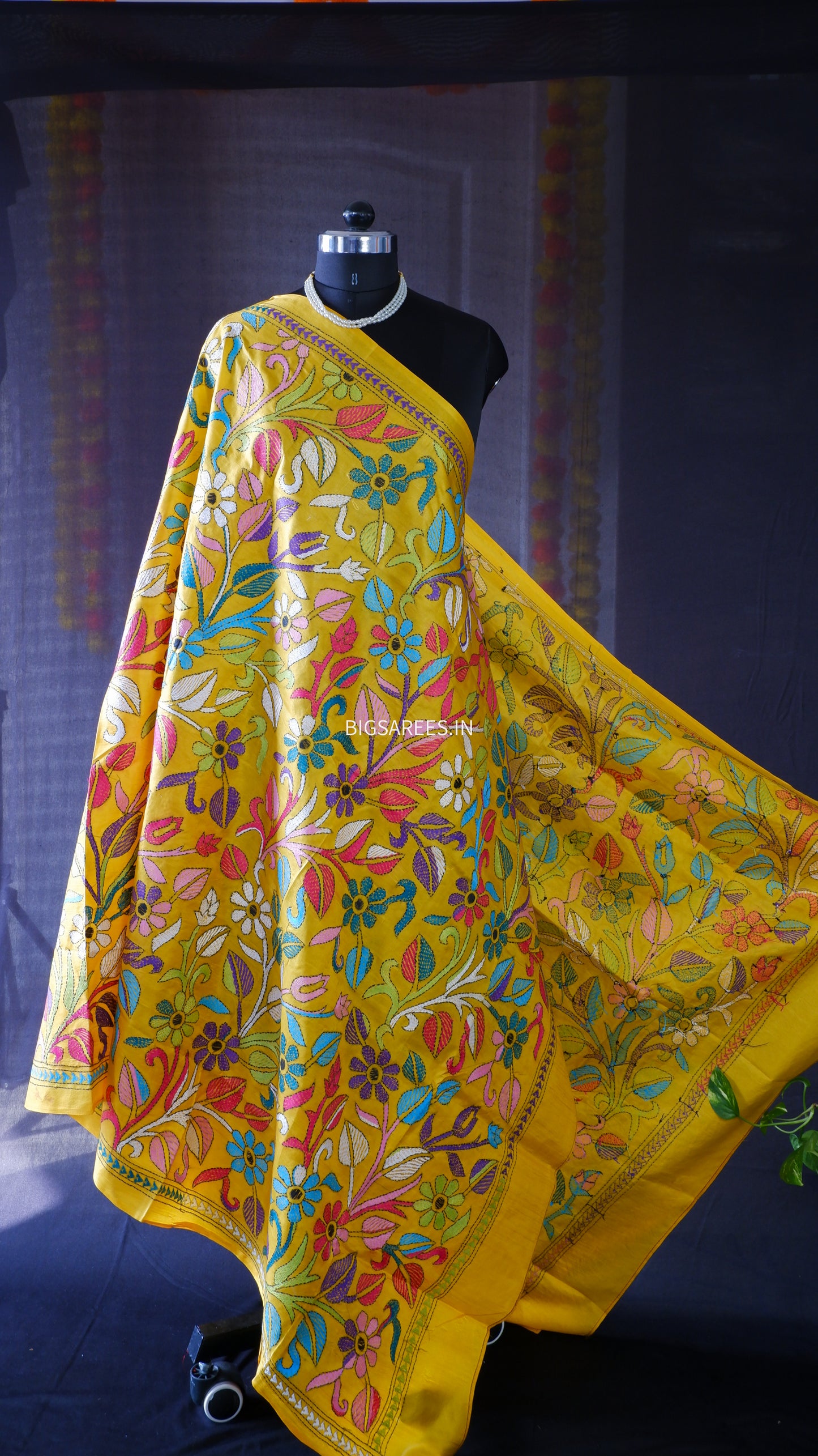 Kantha Hand-Embroidered Dupatta in Pure Bangalore Silk | Yellow | 44" | With Silk Mark