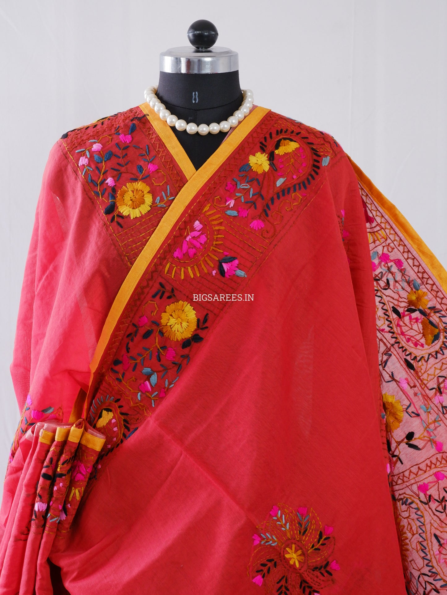 Phulkari Hand-Embroidered Saree | Chanderi Silk | Deep Red