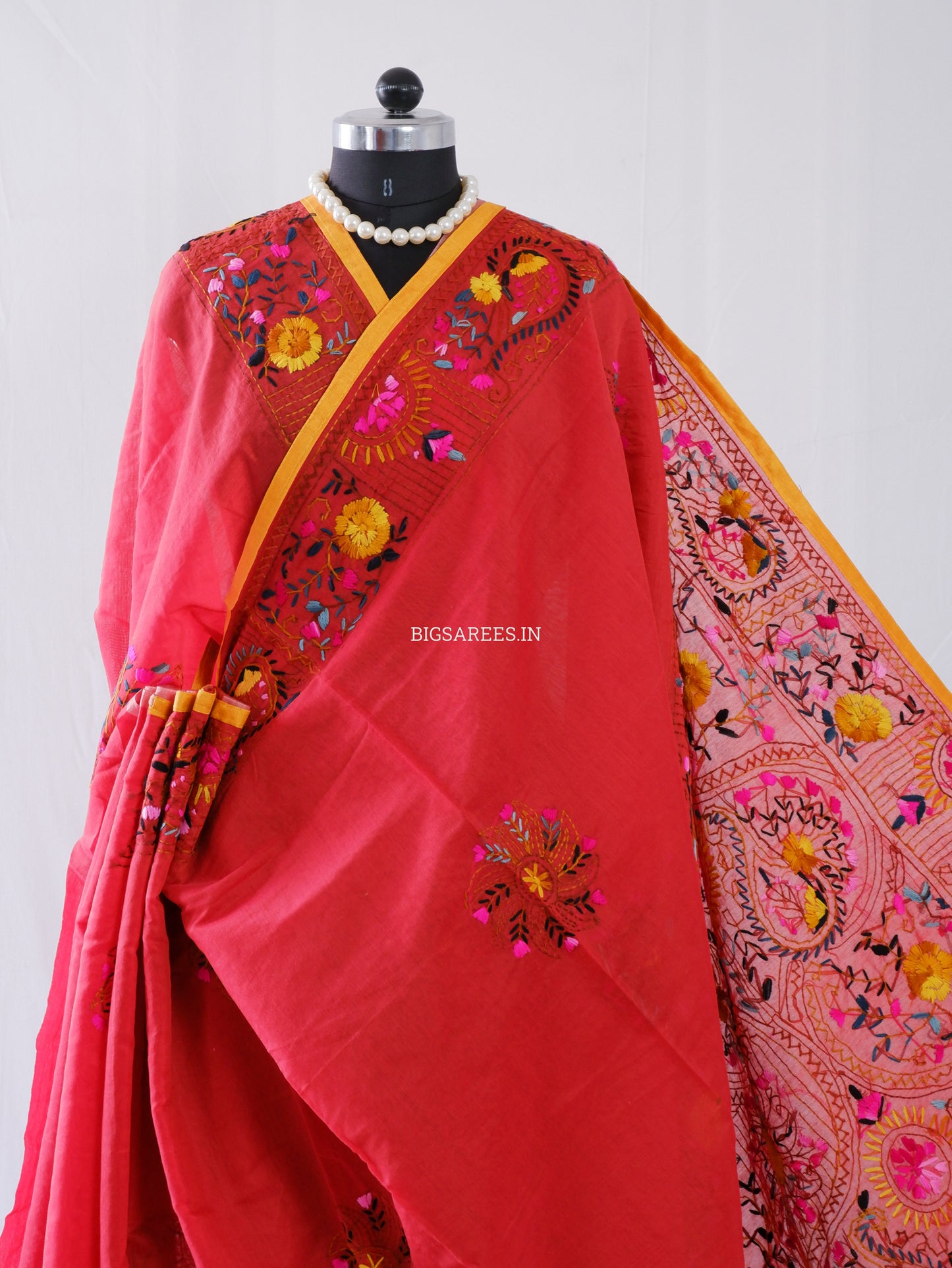 Phulkari Hand-Embroidered Saree | Chanderi Silk | Deep Red