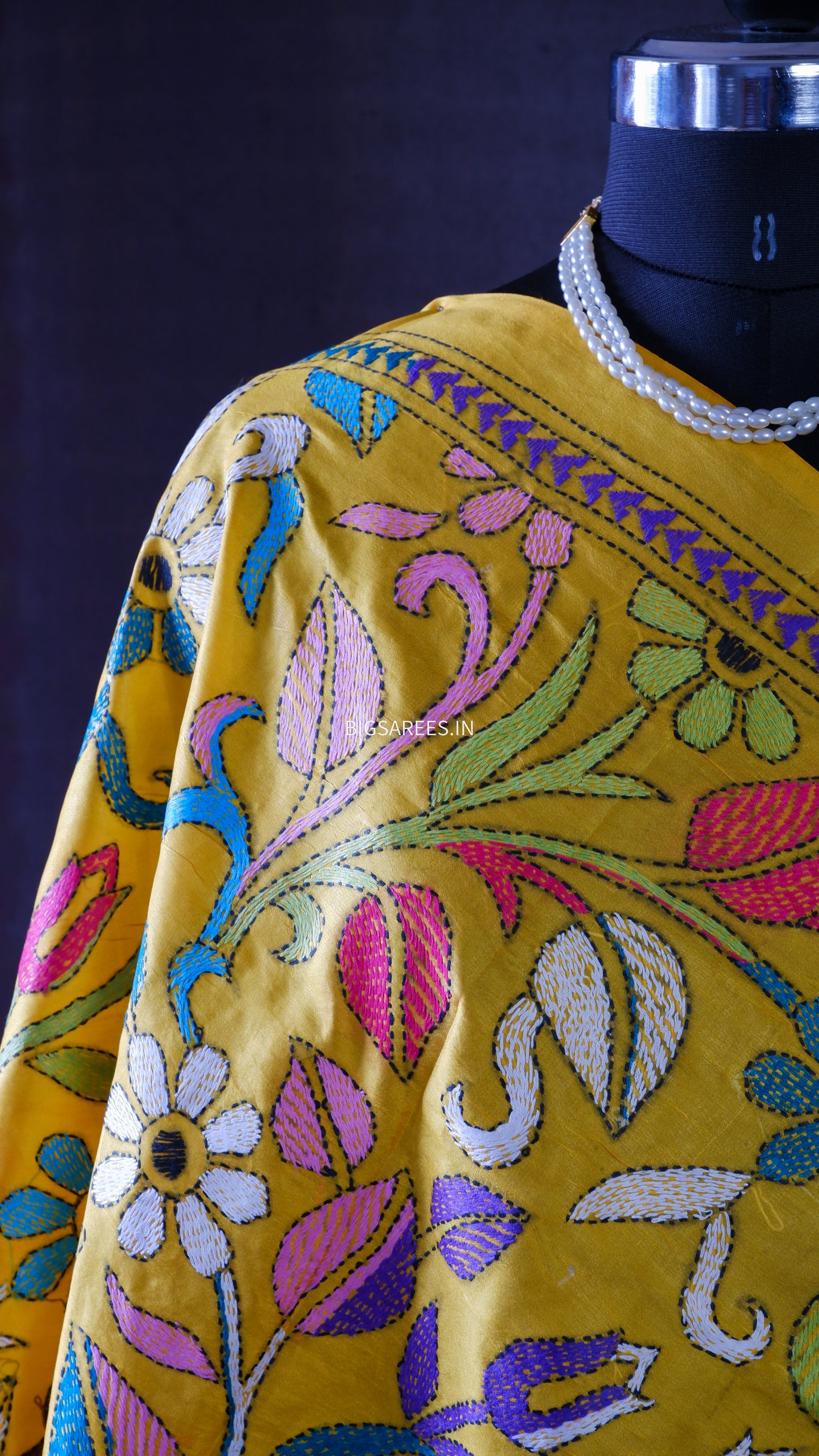 Kantha Hand-Embroidered Dupatta in Pure Bangalore Silk | Yellow | 44" | With Silk Mark