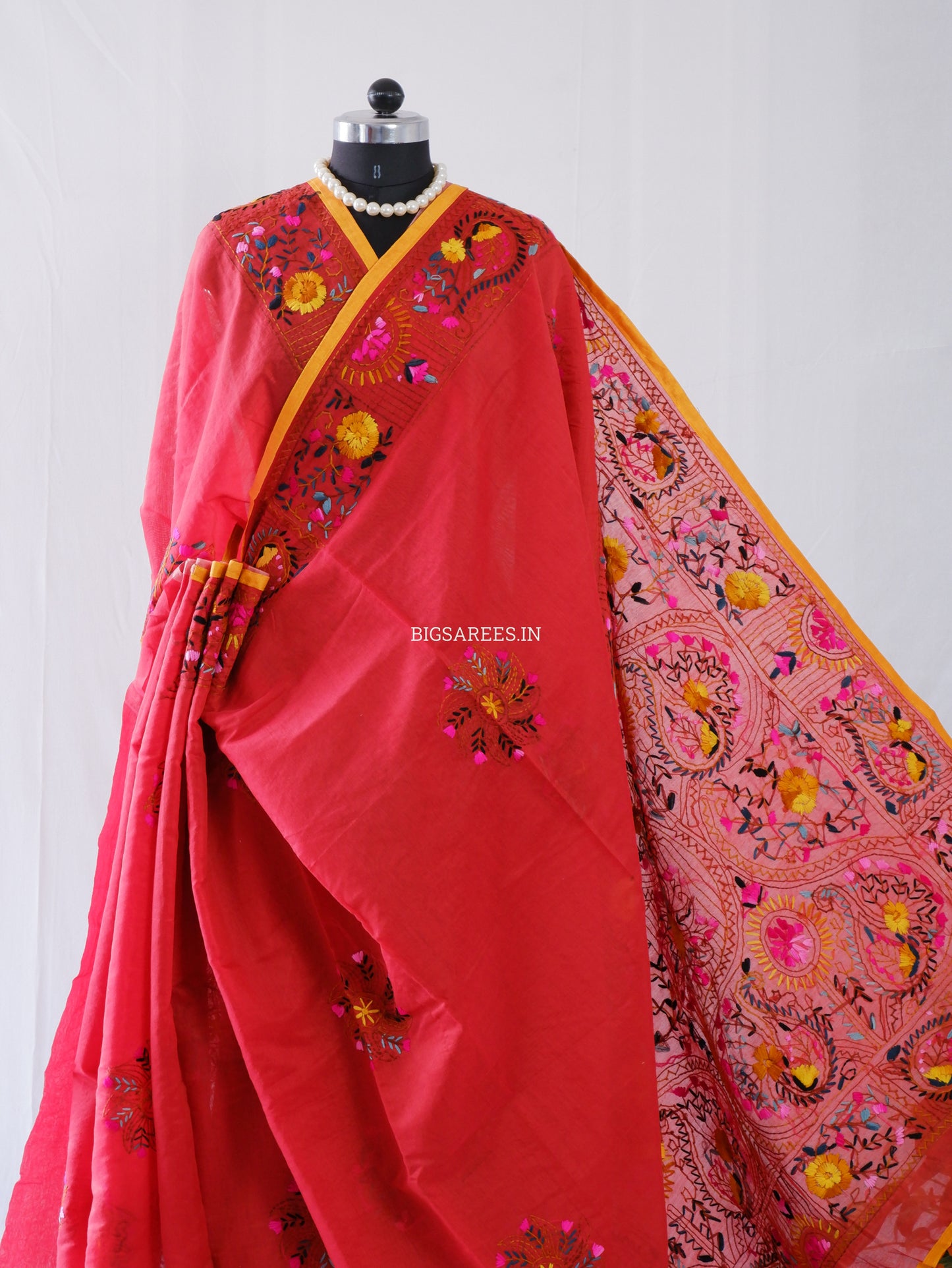 Phulkari Hand-Embroidered Saree | Chanderi Silk | Deep Red