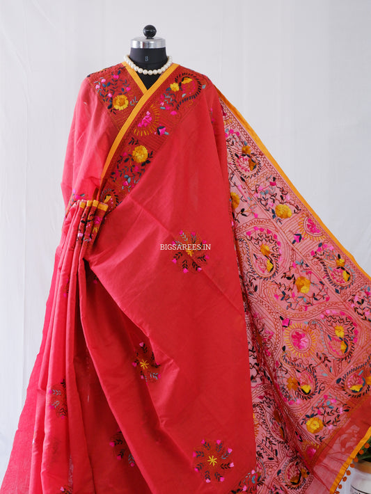 Phulkari Hand-Embroidered Saree | Chanderi Silk | Deep Red