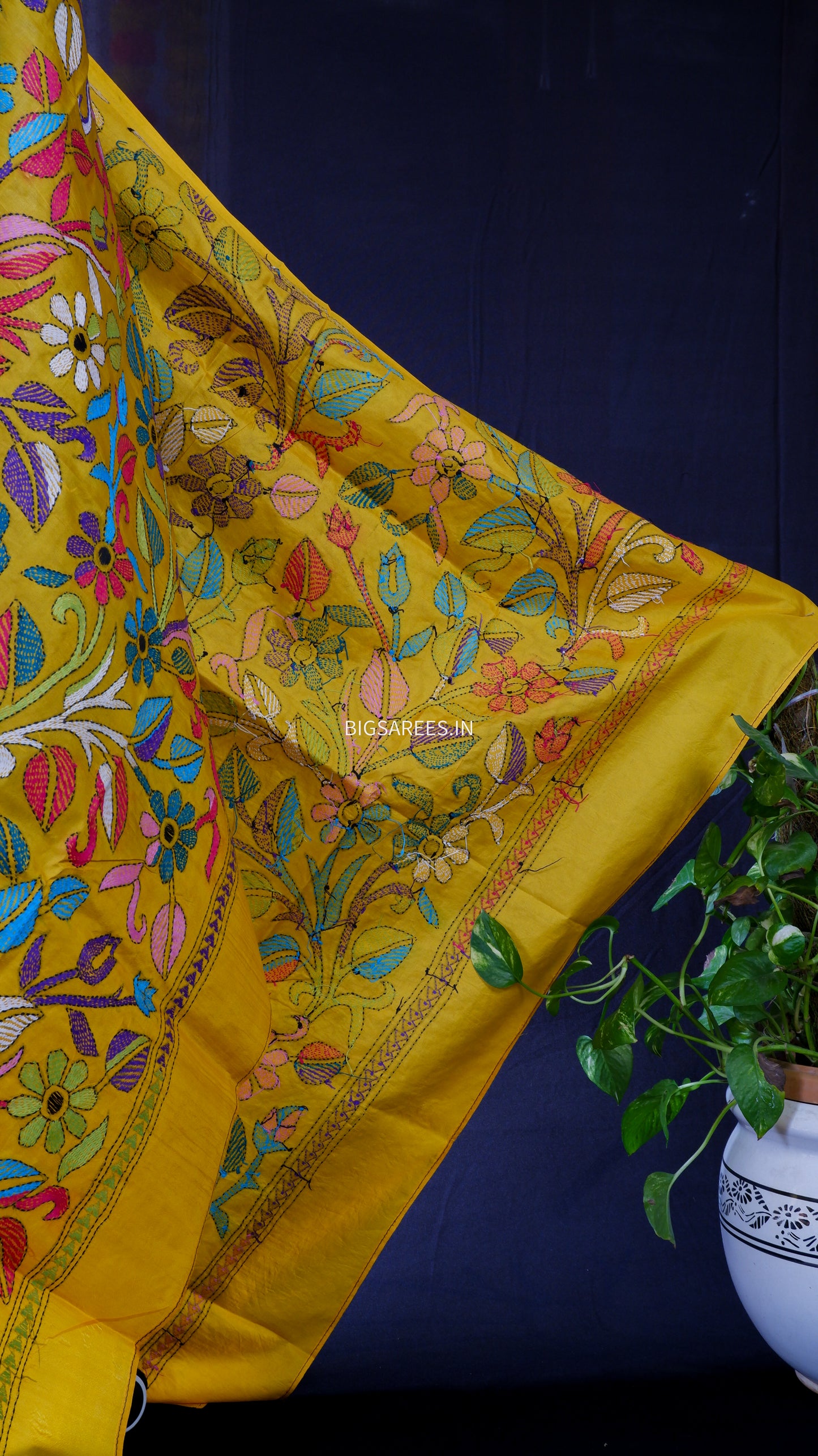 Kantha Hand-Embroidered Dupatta in Pure Bangalore Silk | Yellow | 44" | With Silk Mark
