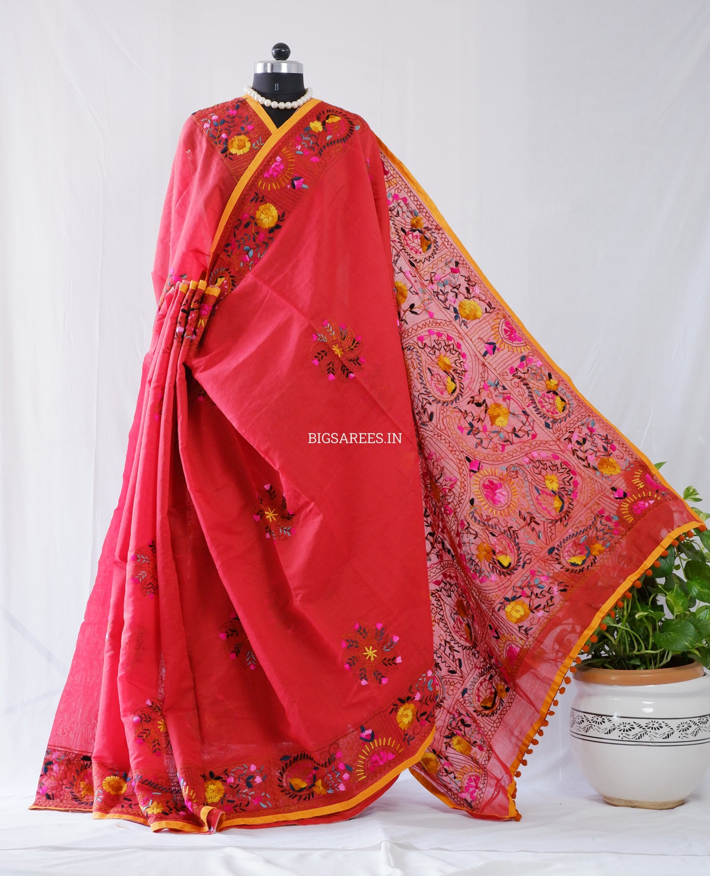 Phulkari Hand-Embroidered Saree | Chanderi Silk | Deep Red