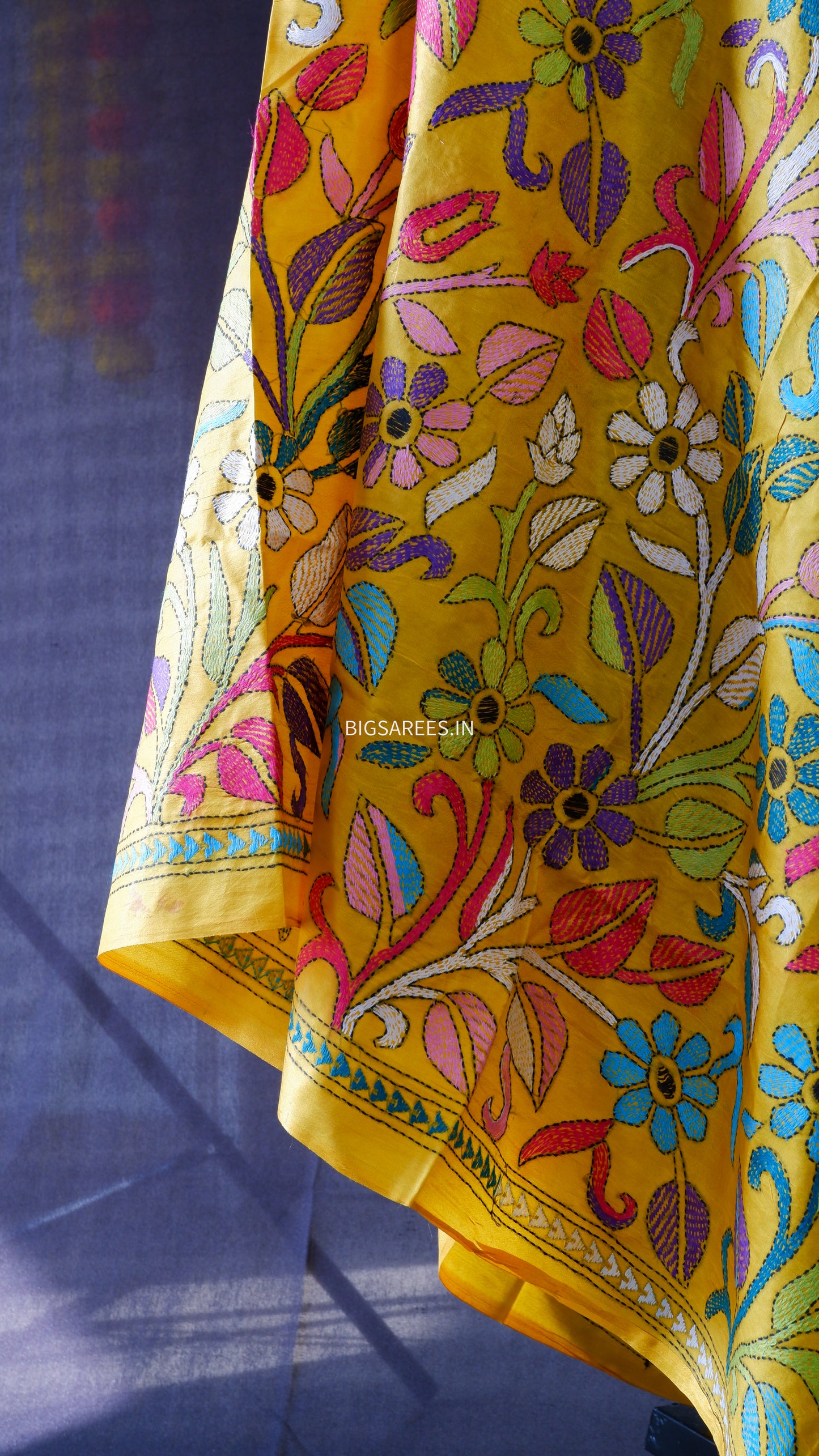Kantha Hand-Embroidered Dupatta in Pure Bangalore Silk | Yellow | 44" | With Silk Mark