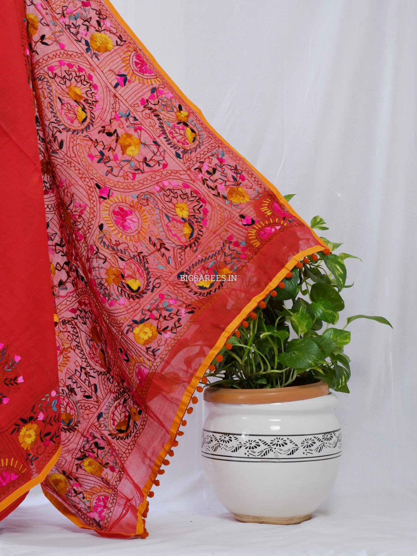 Phulkari Hand-Embroidered Saree | Chanderi Silk | Deep Red