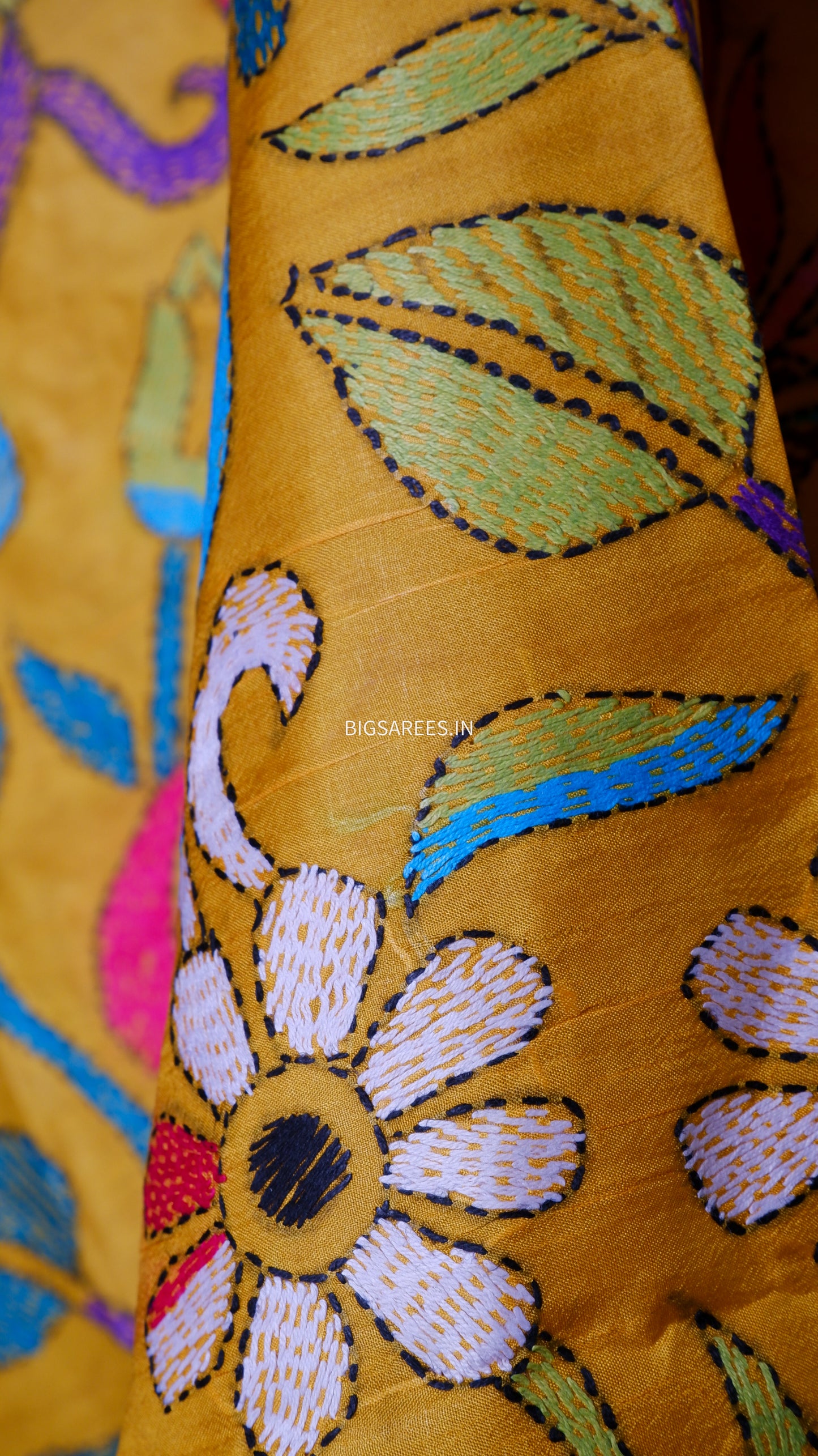 Kantha Hand-Embroidered Dupatta in Pure Bangalore Silk | Yellow | 44" | With Silk Mark