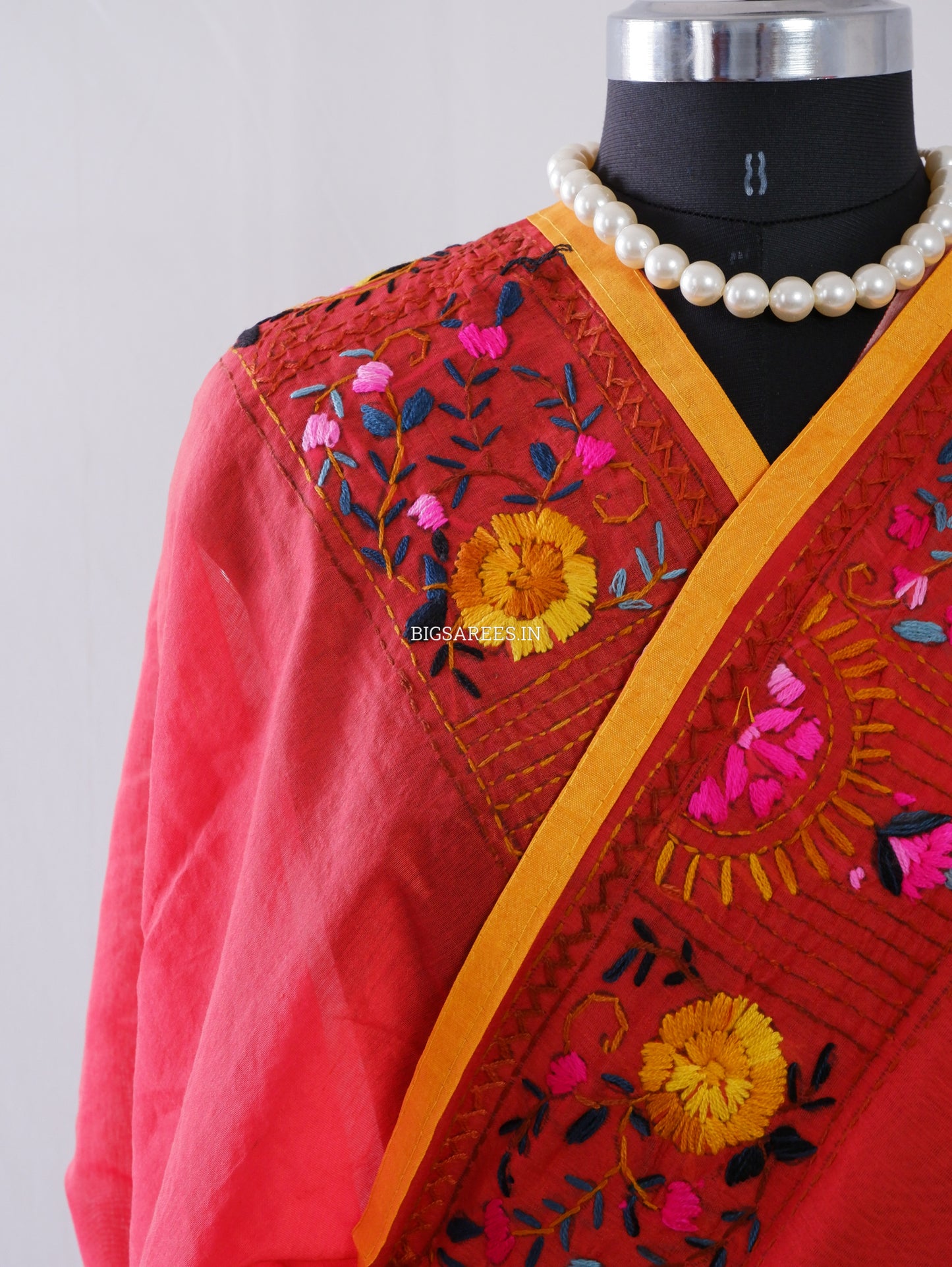 Phulkari Hand-Embroidered Saree | Chanderi Silk | Deep Red