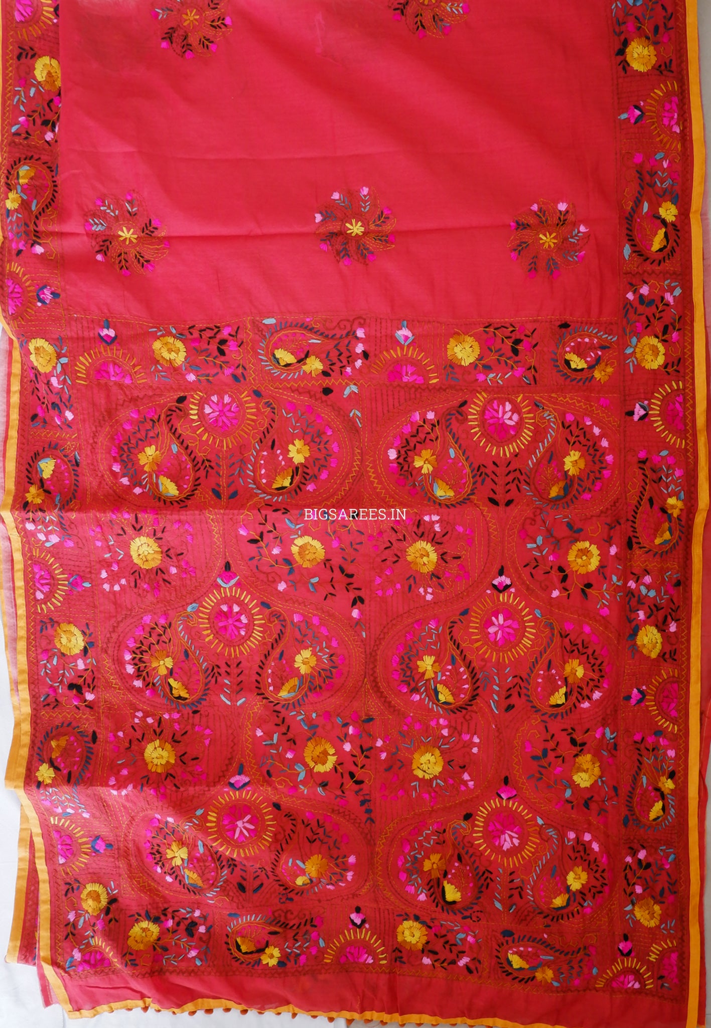 Phulkari Hand-Embroidered Saree | Chanderi Silk | Deep Red