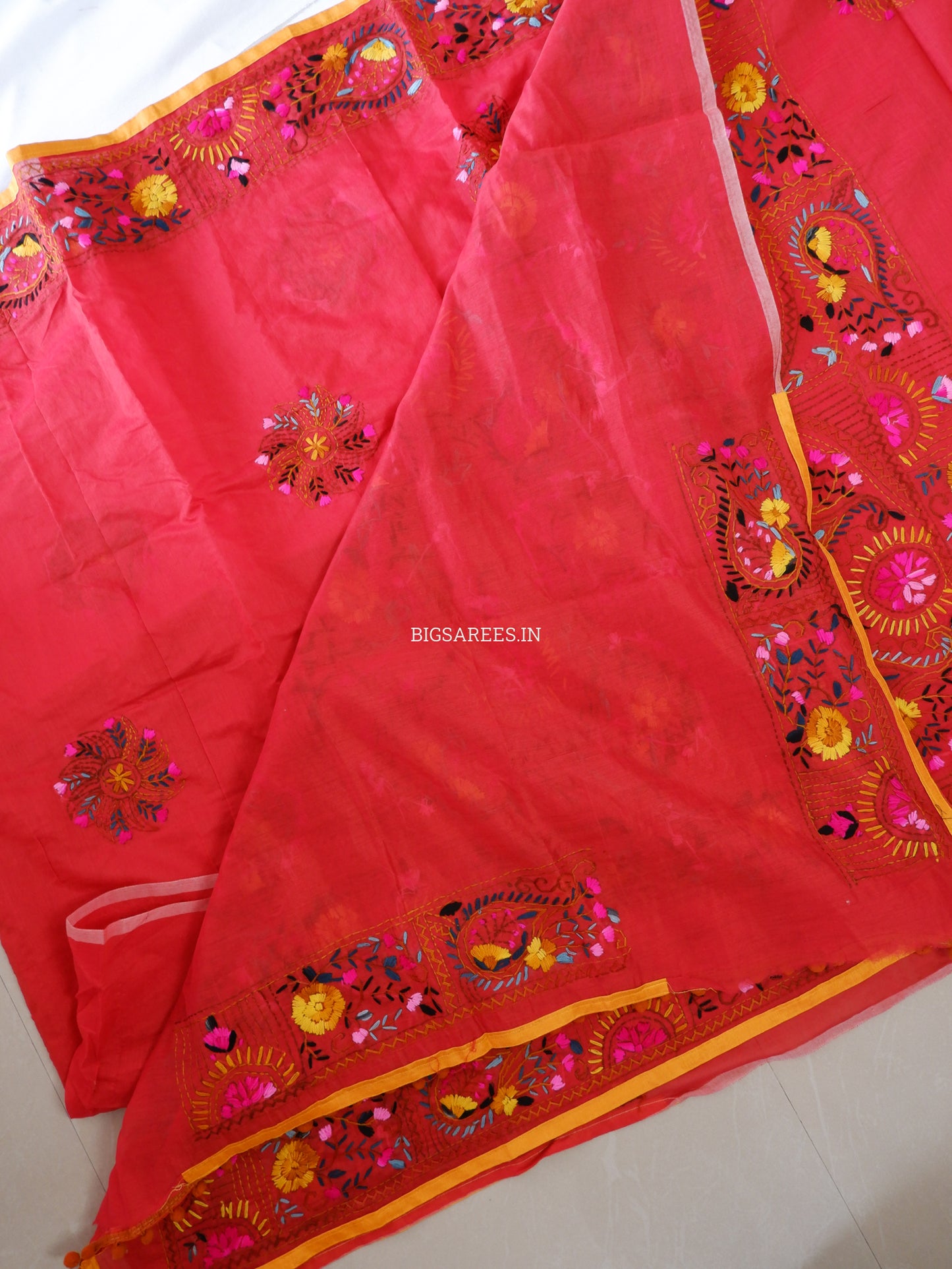 Phulkari Hand-Embroidered Saree | Chanderi Silk | Deep Red