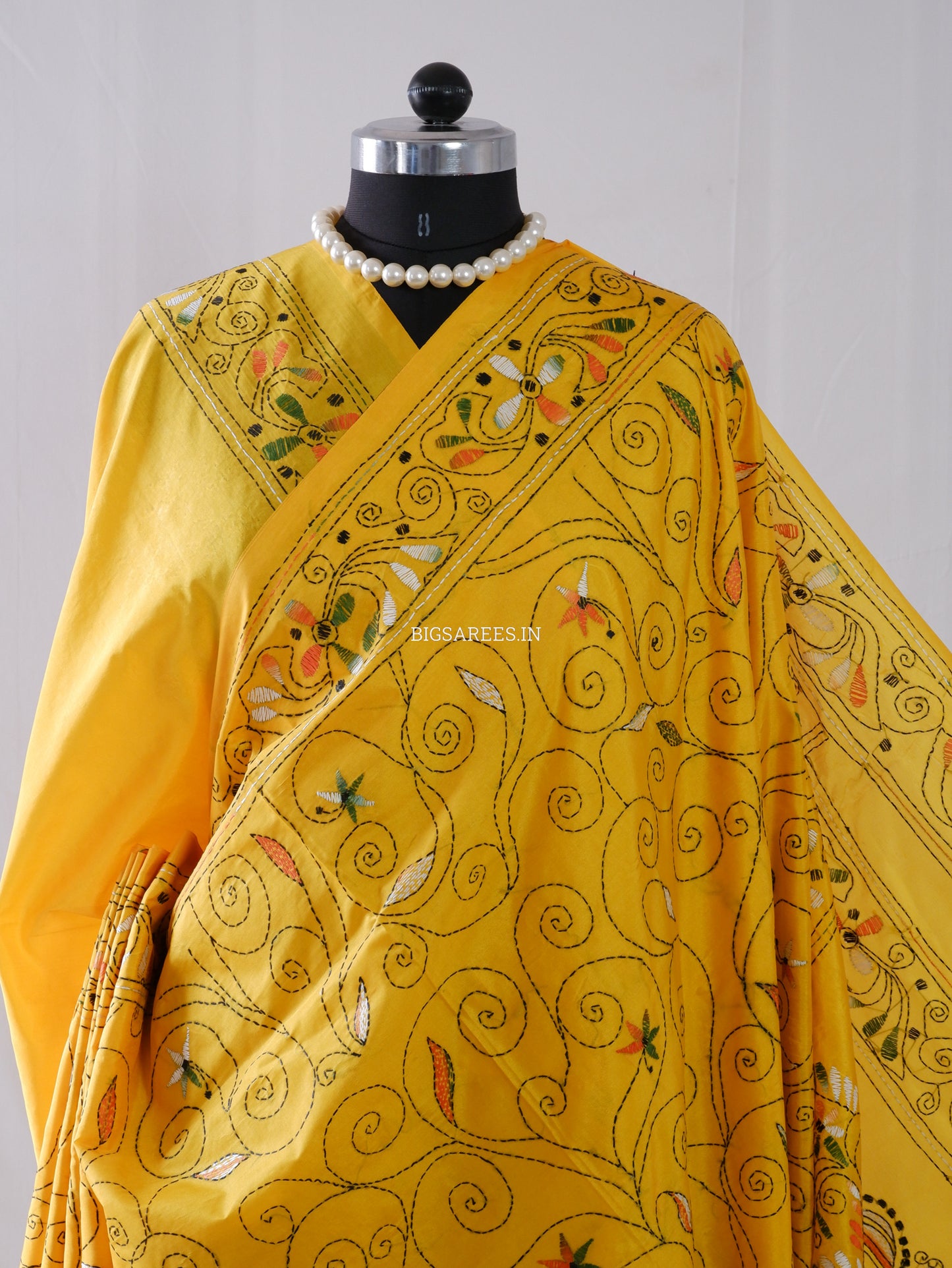 Kantha-Stitch Hand Embroidered Saree | Blended Bangalore Silk / Art Silk | Yellow